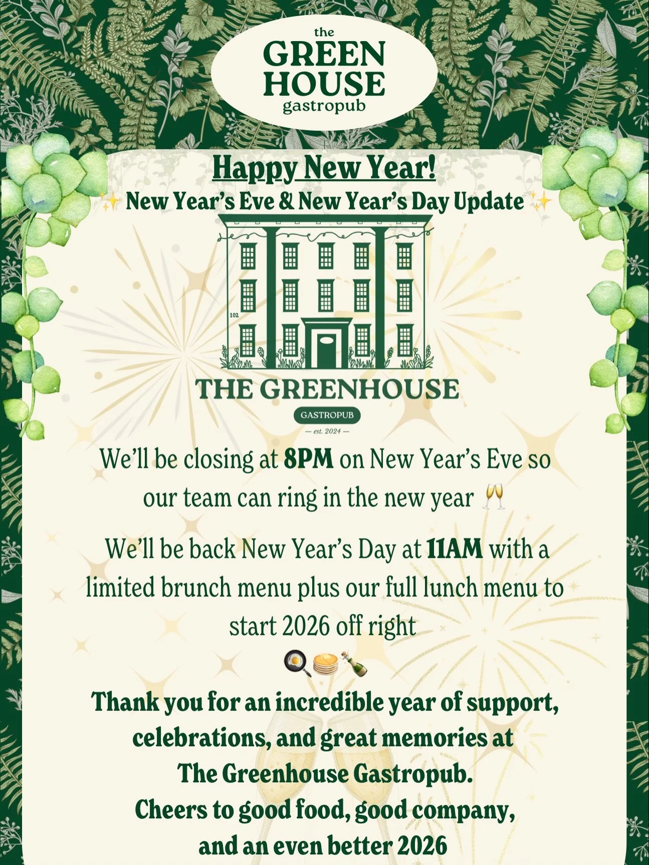 ✨ New Year&rsquo;s Eve &amp; New Year&rsquo;s Day Update ✨

We&rsquo;ll be closing at 8PM on New Year&rsquo;s Eve so our team can ring in the new year. 🥂
We&rsquo;ll be back New Year&rsquo;s Day at 11AM with a limited brunch menu plus our full lunch