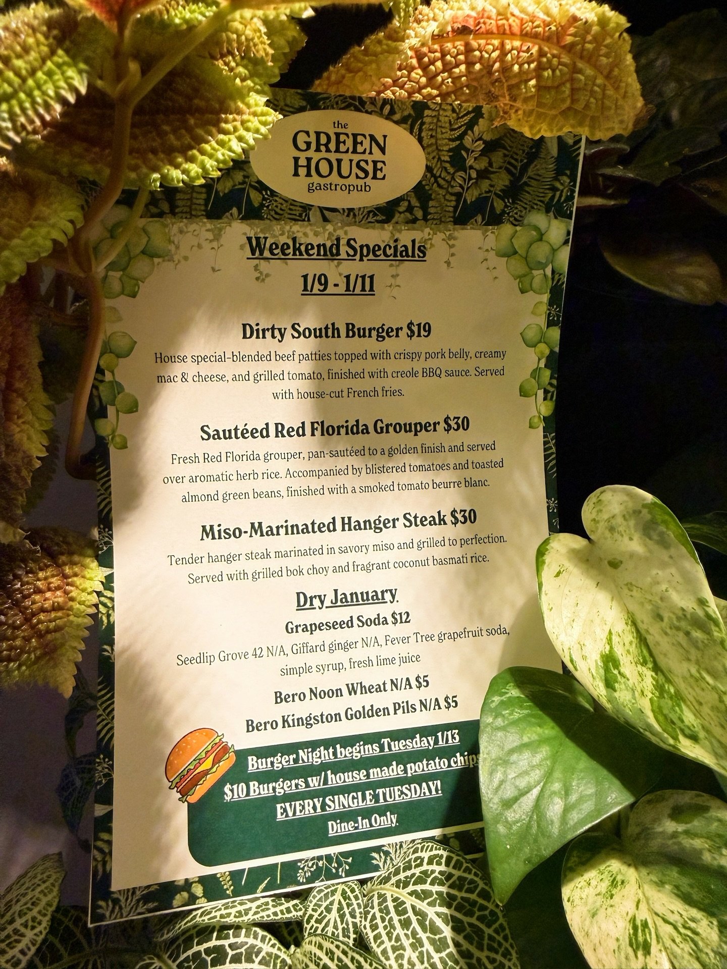 🌿 Weekend Specials at The Greenhouse 🌿
This weekend, we&rsquo;re bringing bold flavors and seasonal favorites to the table &mdash; perfect for kicking back and indulging.

🍔 Dirty South Burger &ndash; Crispy pork belly, creamy mac &amp; cheese, cr