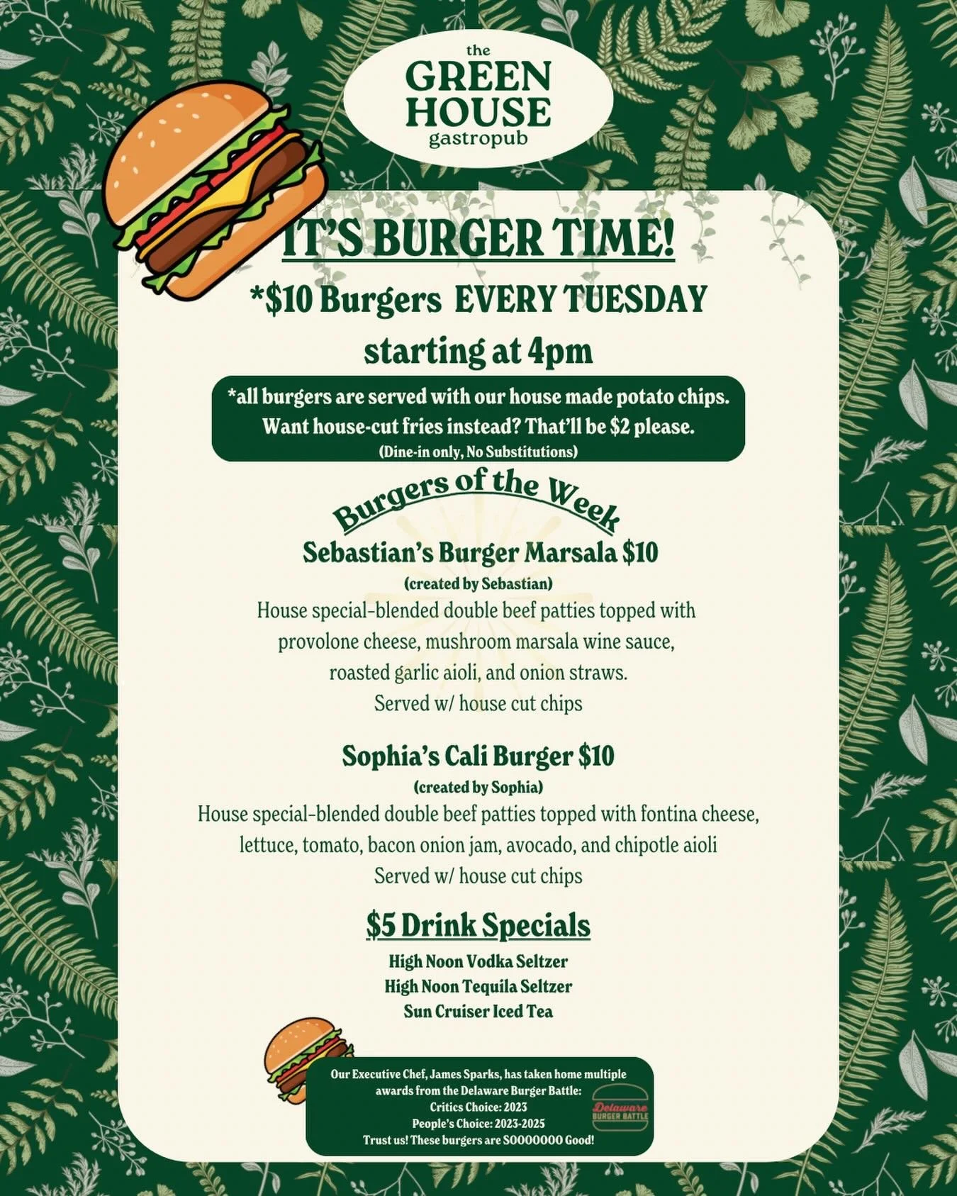 🍔 IT&rsquo;S BURGER TIME! 🌿

Tuesdays just got a whole lot better at The Greenhouse Gastropub.

🔥 $10 BURGERS every Tuesday starting at 4PM
Each burger comes with our house-made potato chips (or upgrade to house-cut fries for $2).

✨ This week&rsq
