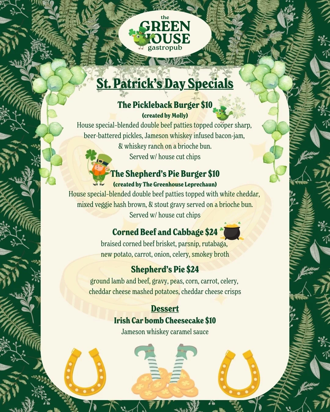 🍀 St. Paddy&rsquo;s Day meets Burger Night at The Greenhouse 🍔✨

We&rsquo;re bringing the flavor AND the fun this week&mdash;swipe through to check out our featured burgers and get ready to celebrate right 👇

🔥 The Pickleback Burger
Beer-battered