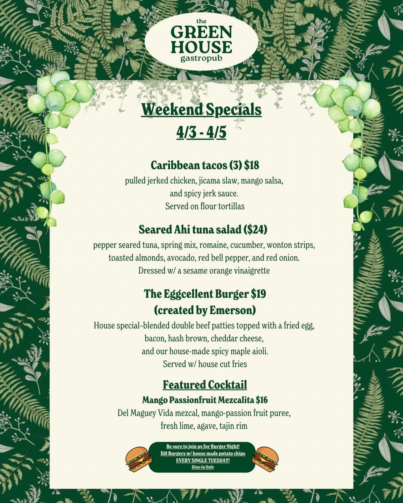 Weekend specials, done right 🌿

🌮 Caribbean tacos &ndash; jerked chicken, mango, a little heat
🥗 Seared ahi tuna salad &ndash; crisp, clean, balanced
🍔 The Eggcellent Burger &ndash; egg, bacon, hash brown, maple heat
🍹 Mango passionfruit mezcali