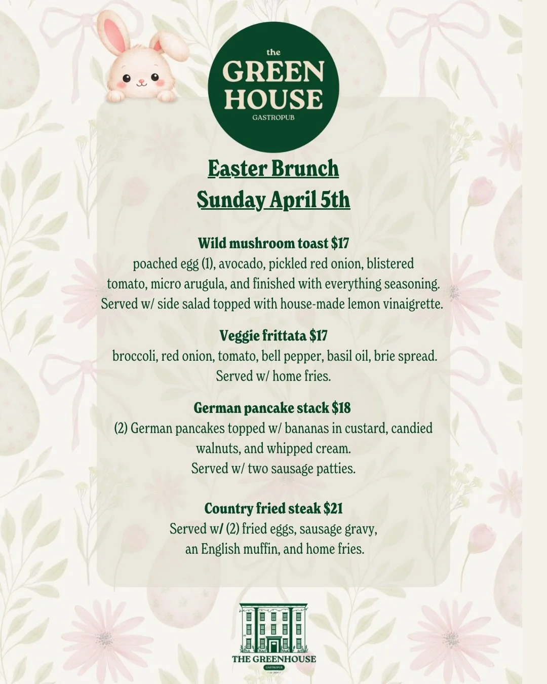 🐰🌸 Easter Brunch at The Greenhouse 🌸🐰

Join us Sunday, April 5th for a brunch worth hopping out of bed for 🍳🥂

From our wild mushroom toast to our indulgent German pancake stack and classic country fried steak &mdash; we&rsquo;ve got something 