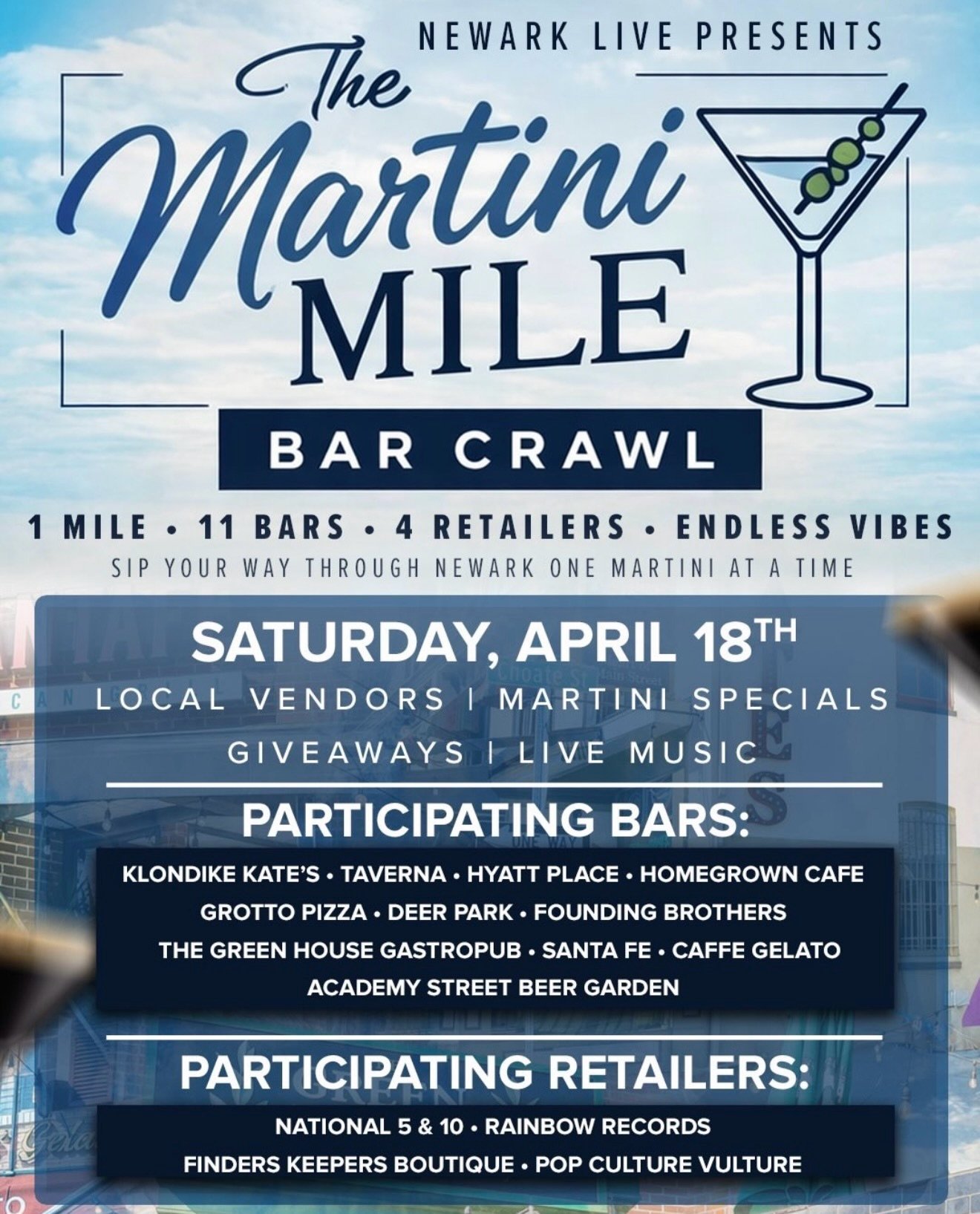 🍸 The Martini Mile is calling&hellip; and we&rsquo;re ready.

Join us at The Greenhouse Gastropub on Saturday, April 18th from 4PM&ndash;7PM for Newark&rsquo;s ultimate bar crawl &mdash; 1 mile, 11 bars, endless vibes.

We&rsquo;re serving up $10 mi