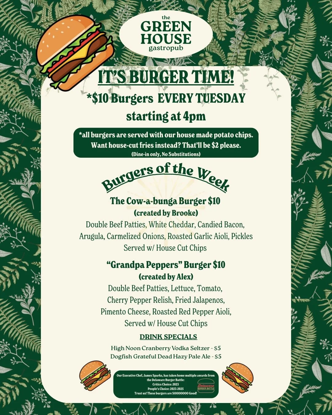 🍔 Tuesdays just got a whole lot better at The Greenhouse 🌿🔥

Join us every Tuesday starting at 4PM for our Burger of the Week specials &mdash; handcrafted creations loaded with bold flavors for only $10! 🍔✨

This week&rsquo;s lineup:
🤙 The Cow-a