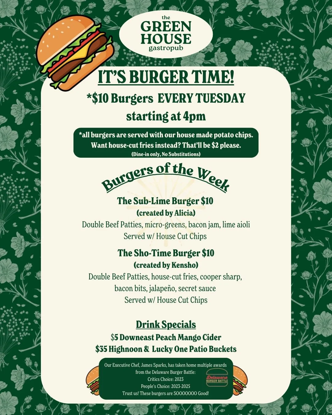 🍔🔥 Tuesdays just got a whole lot tastier at The Greenhouse Gastropub! 🔥🍔

Join us every Tuesday starting at 4PM for our $10 Burger Night featuring chef-crafted burgers that are BIG on flavor and served with our house-made potato chips 🍟
(Upgrade