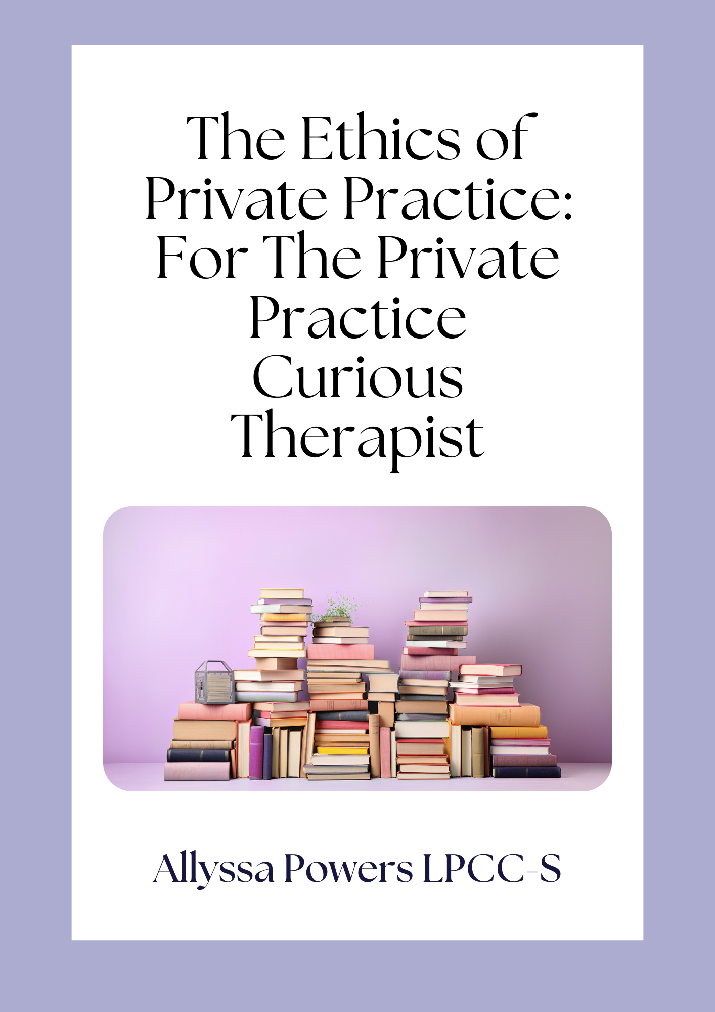 A person holding an open blank notebook with a yellow-striped pencil in their right hand, surrounded by office supplies and plants on a purple desk, with a white and purple-themed cover page titled 'How to Become a Therapist Checklist'.