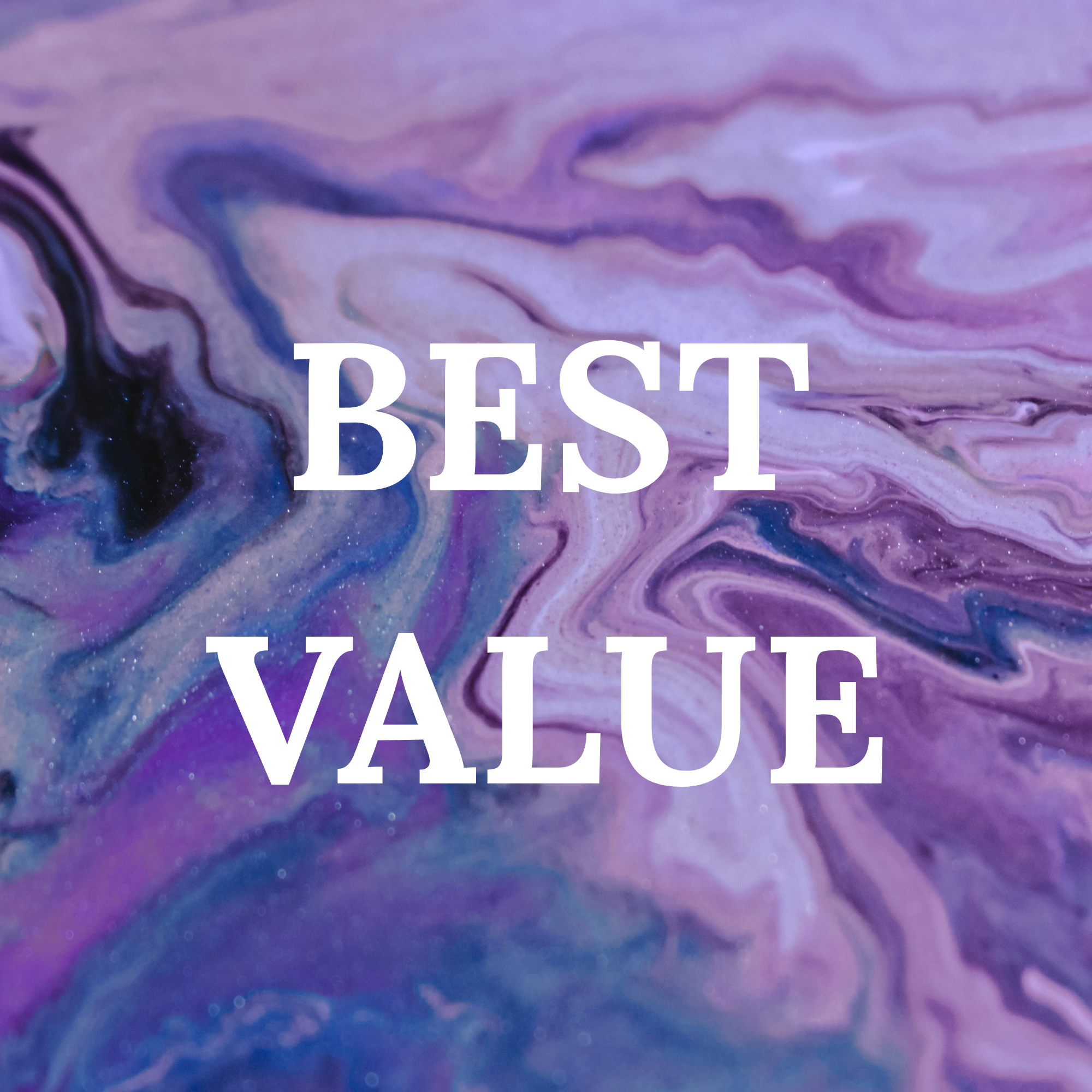 Abstract purple, blue, and white swirling marble pattern with the words "BEST VALUE" in large white font.