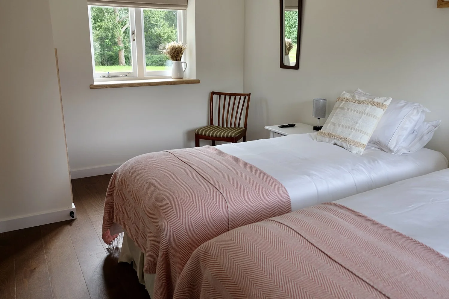 A cozy bedroom with two single beds made with white linens and pink patterned bedspreads, a white nightstand with a gray lamp and remote control, a wooden chair with green striped cushion, a window with a view of green trees, and a mirror hanging on 
