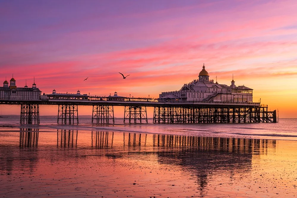 View of a pier extending into the ocean at sunset with colorful pink, purple, and orange sky, seagulls flying, and reflections in the water.