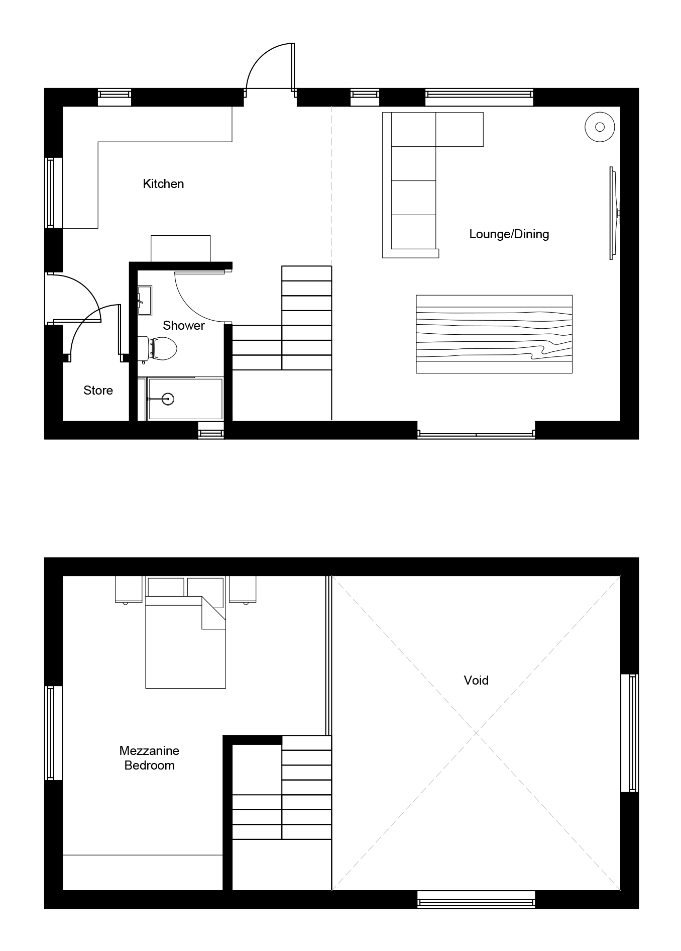 Floor plan of a house with a kitchen, lounge/dining area, bathroom, store room, staircases, and an open void area on the upper level.