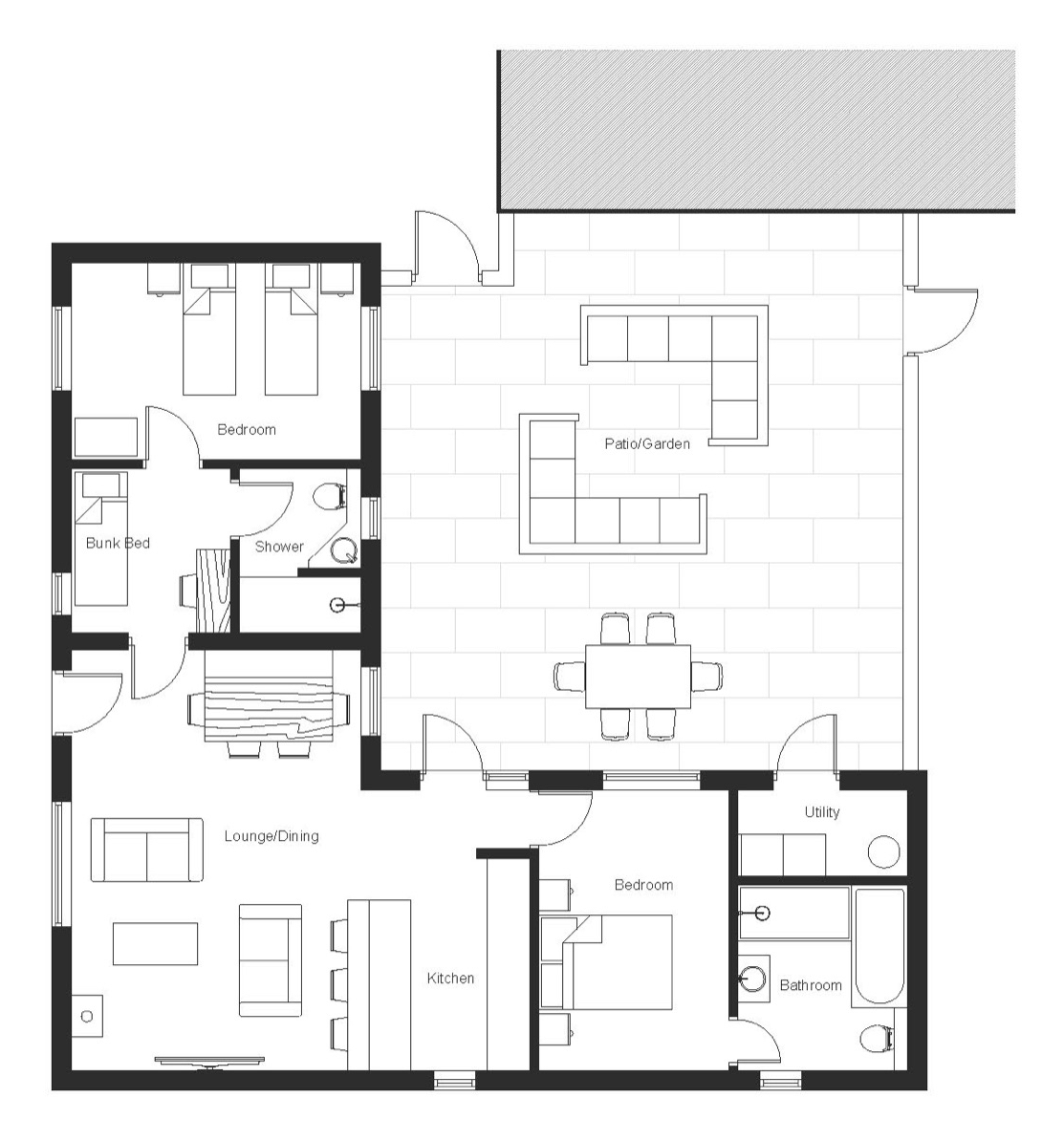 Floor plan of a house showing rooms including two bedrooms, a lounge/dining area, kitchen, utility, bathroom, and outdoor patio and garden.