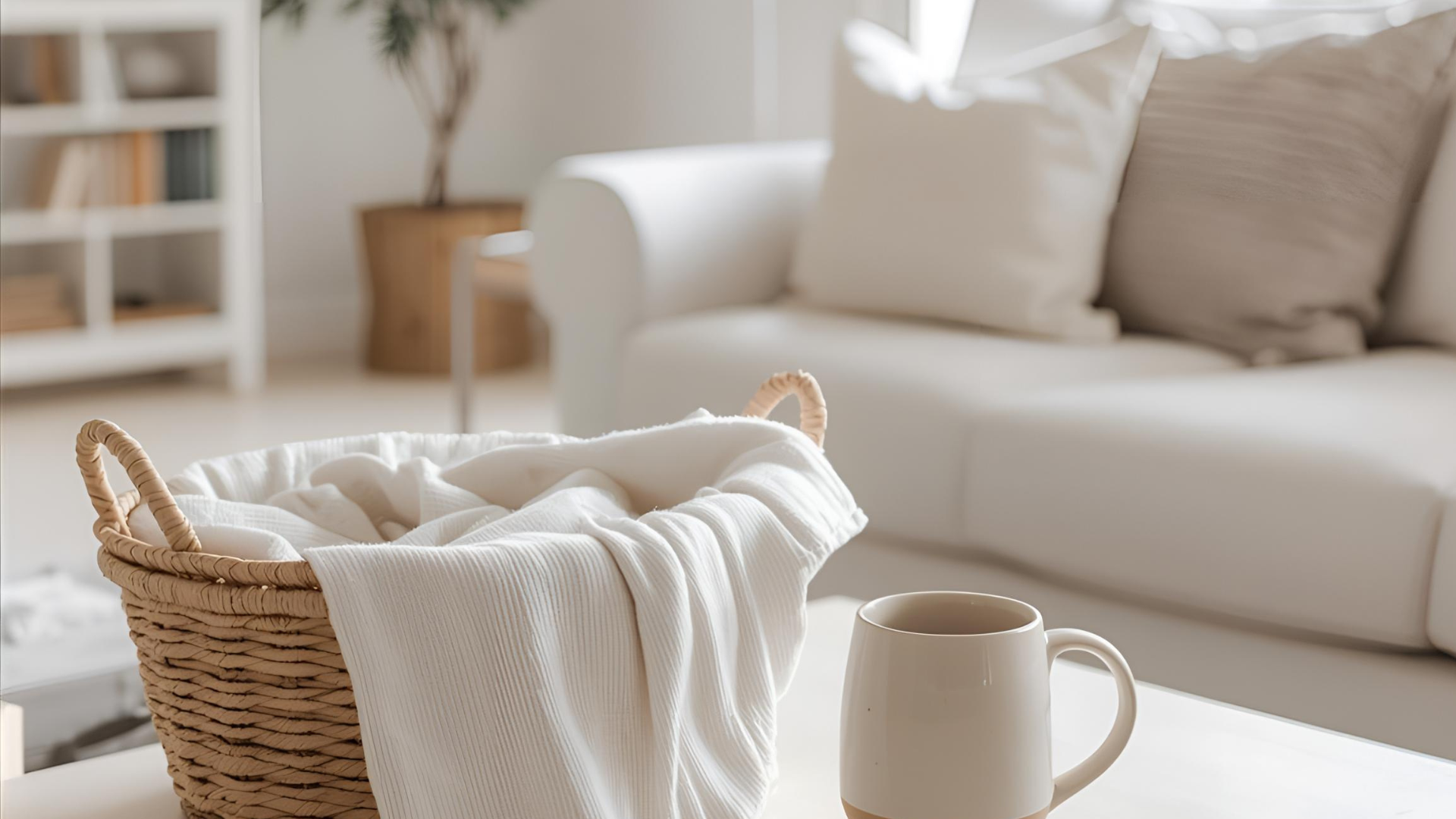 A bright and cozy living room with a basket of clean hand towels on a coffee table.