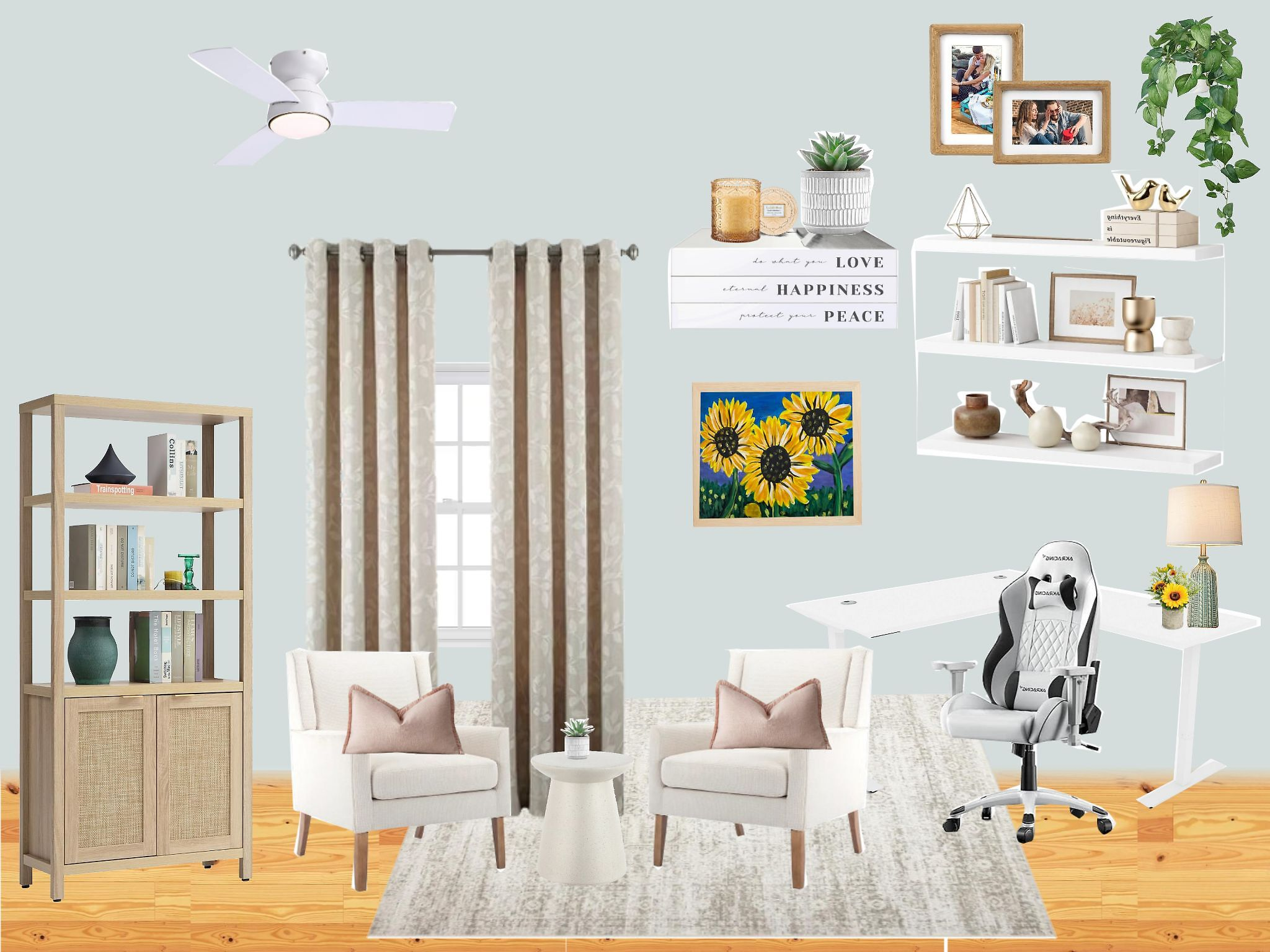 Bright living room and home office with armchairs, patterned curtains, wall shelves, plants, artwork, ceiling fan, desk, and gaming chair.