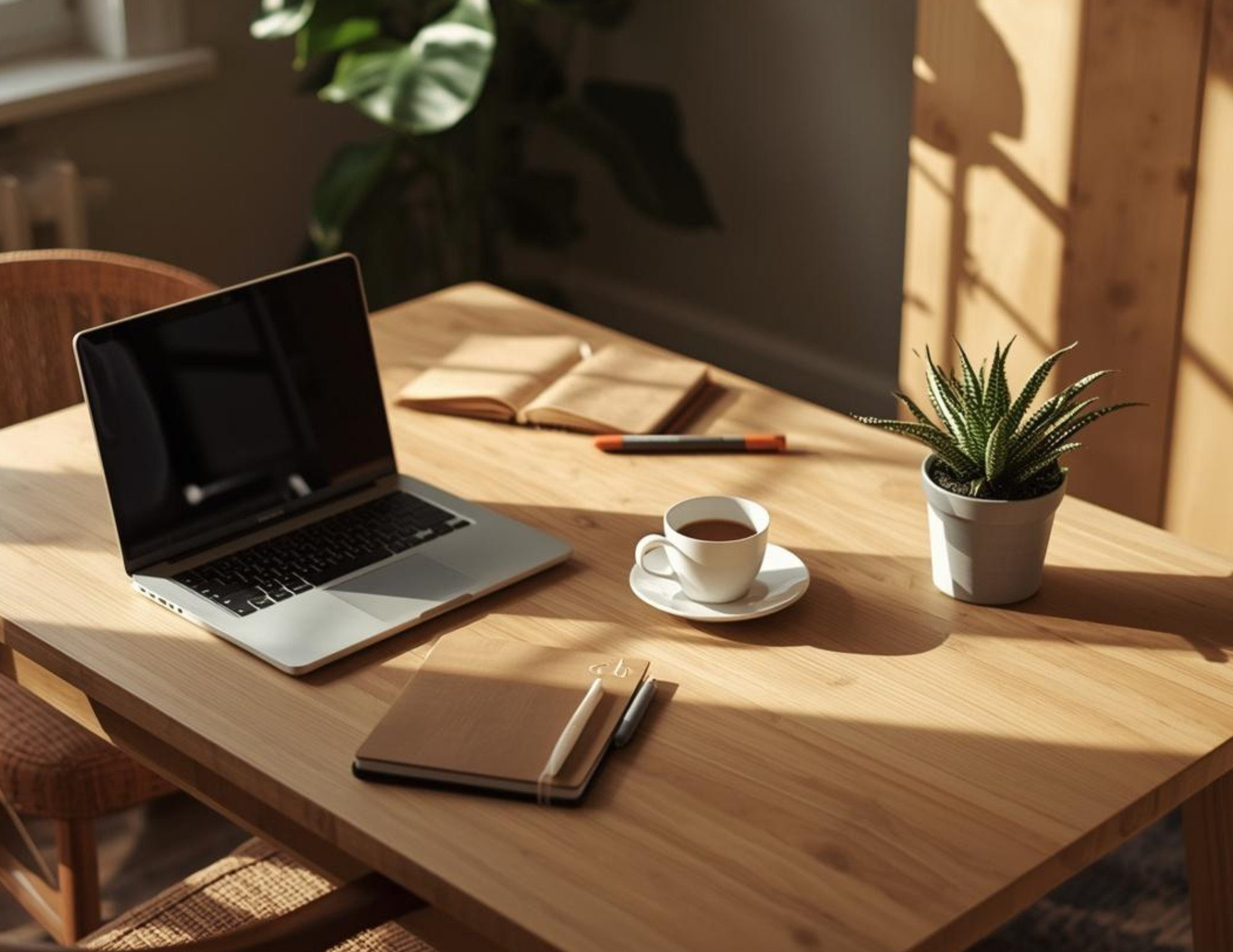 A multi-functional table with a laptop, coffee, a planner, and a plant on it.
