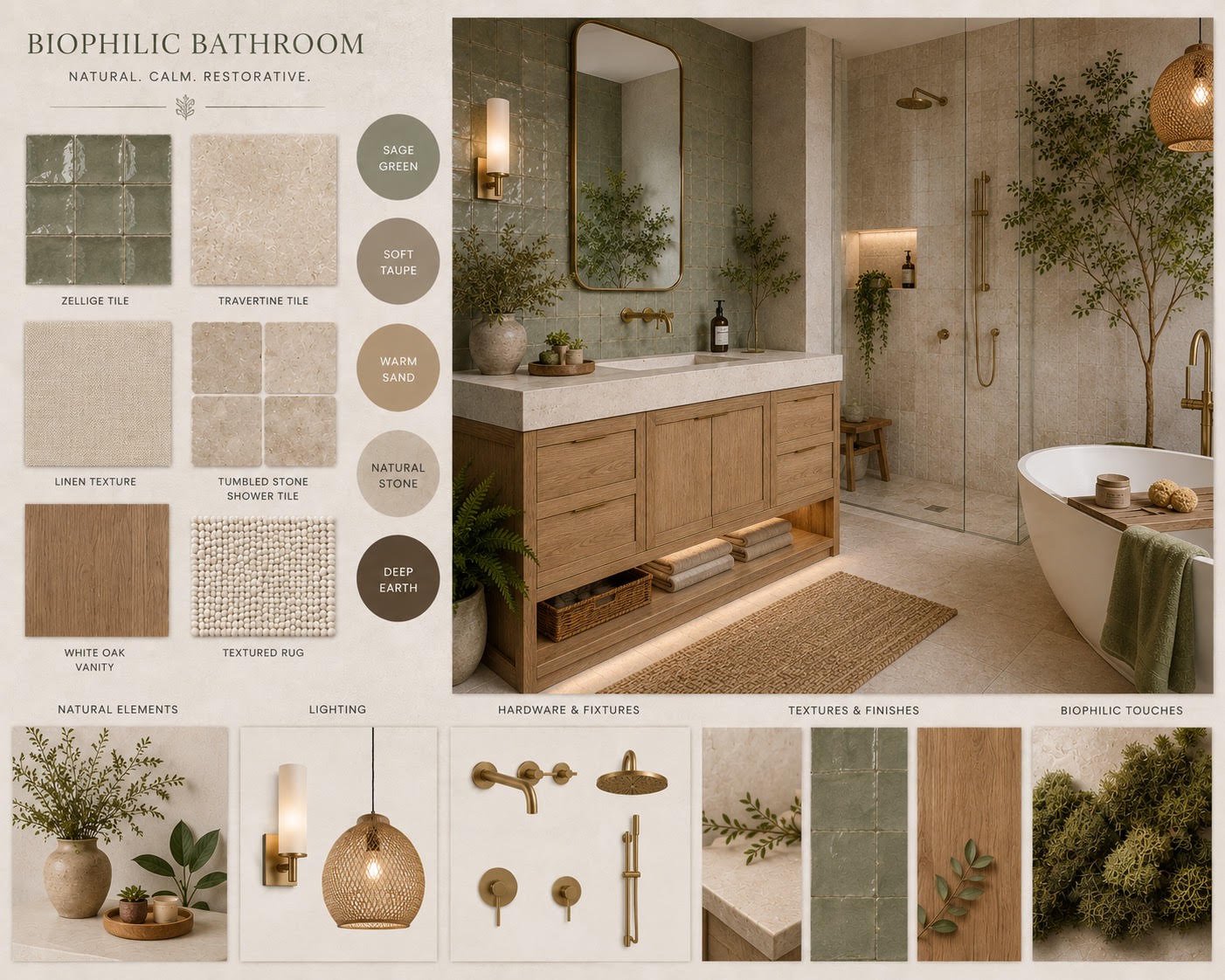 Biophilic bathroom design mood board featuring sage green and travertine tile, white oak vanity, brass fixtures, plants, freestanding tub, and natural textures