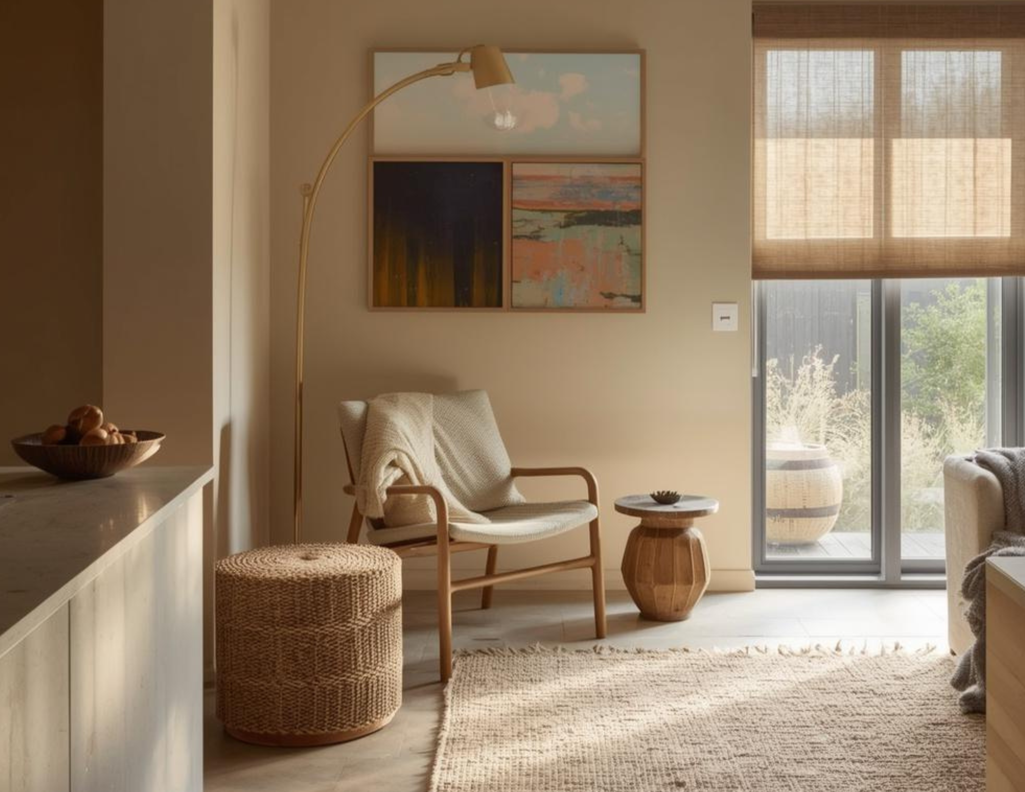 A cozy corner of a room with netural seating, large wall artwork and lots of natural light from glass sliding doors.