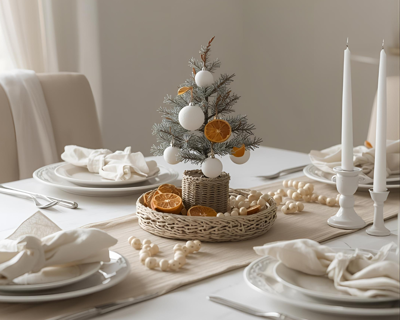 A neutral holiday dining room tablescape with a small tree with ornaments.