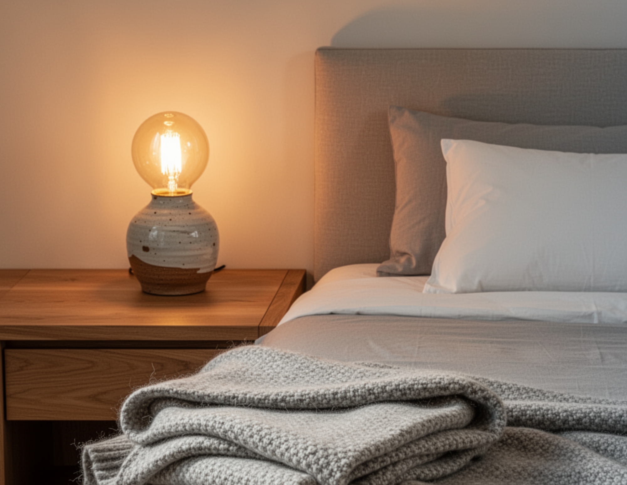 A close-up of a gray bed with a wooden side table and a ceramic lamp.