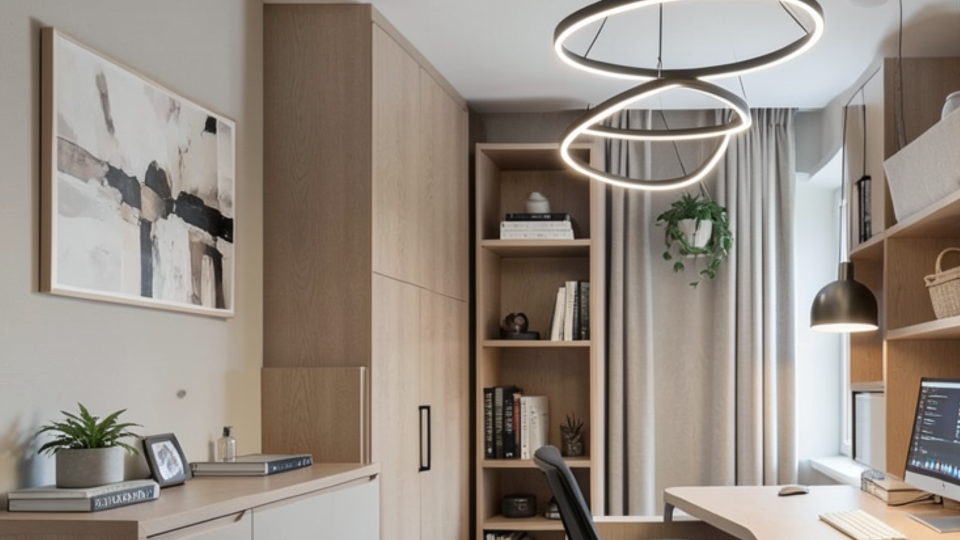 A large beige home office with unique lighting.