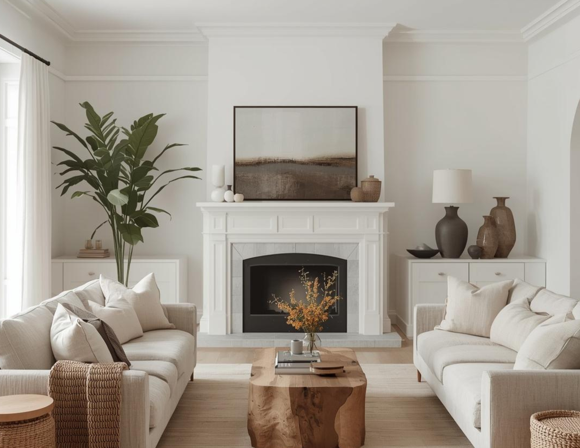 An neutral inspired living room with a large fireplace and multiple sofas.