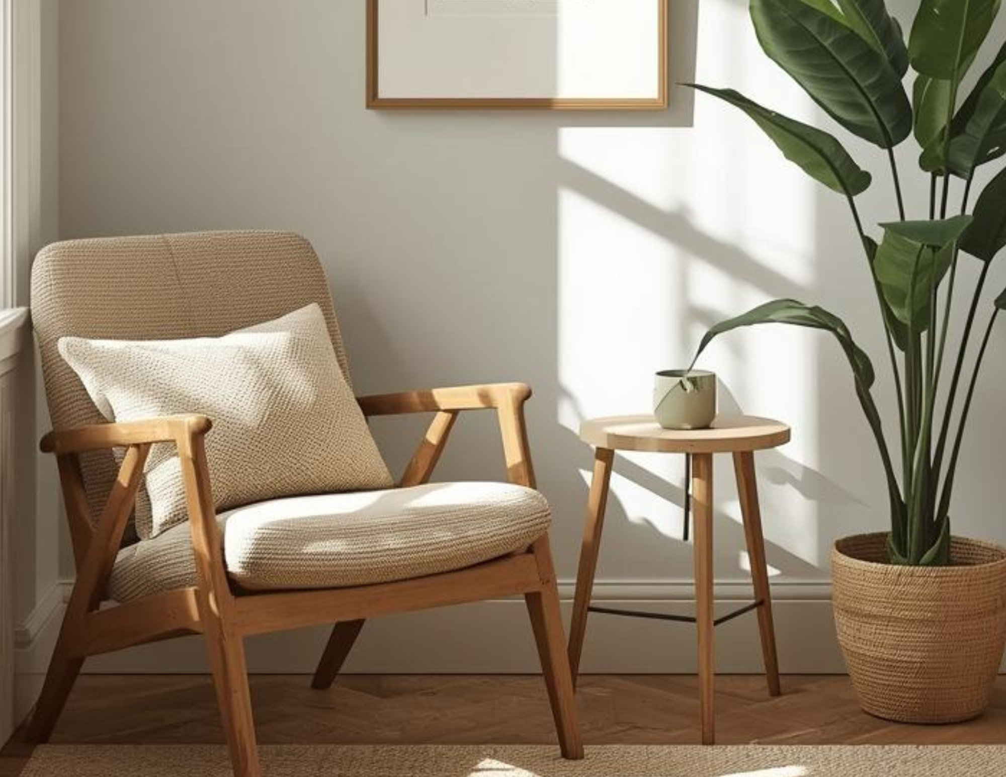 Netural sitting corner with bright netural textured fabrics and a wooden side table.