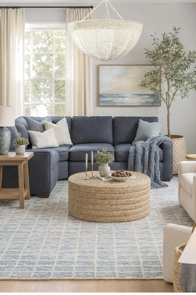 Living room with a blue sofa, white pillows, and a gray throw blanket, a round woven coffee table with candles, a vase, and nuts, a side table with a lamp, a potted plant, a large window with curtains, wall art, a woven chandelier, and a rug.