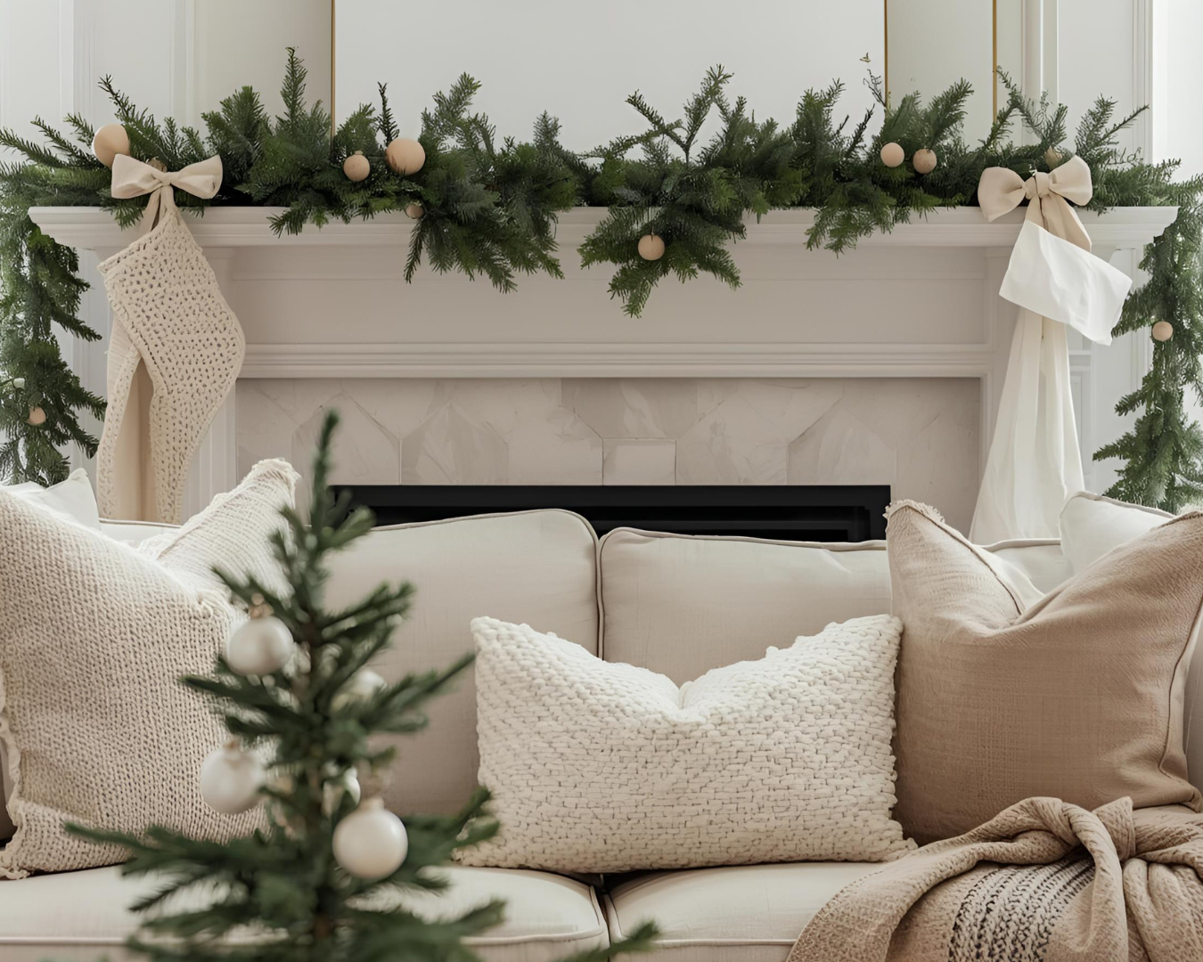 A holiday inspired living room with neutral accents throughout.