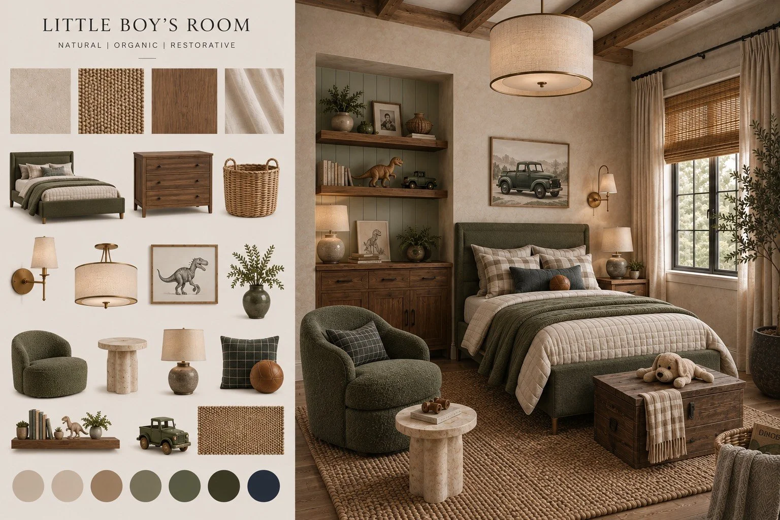 Natural, organic little boy’s bedroom mood board beside a cozy bedroom with a green upholstered bed, wood furniture, dinosaur decor, woven rug, and neutral earthy accents