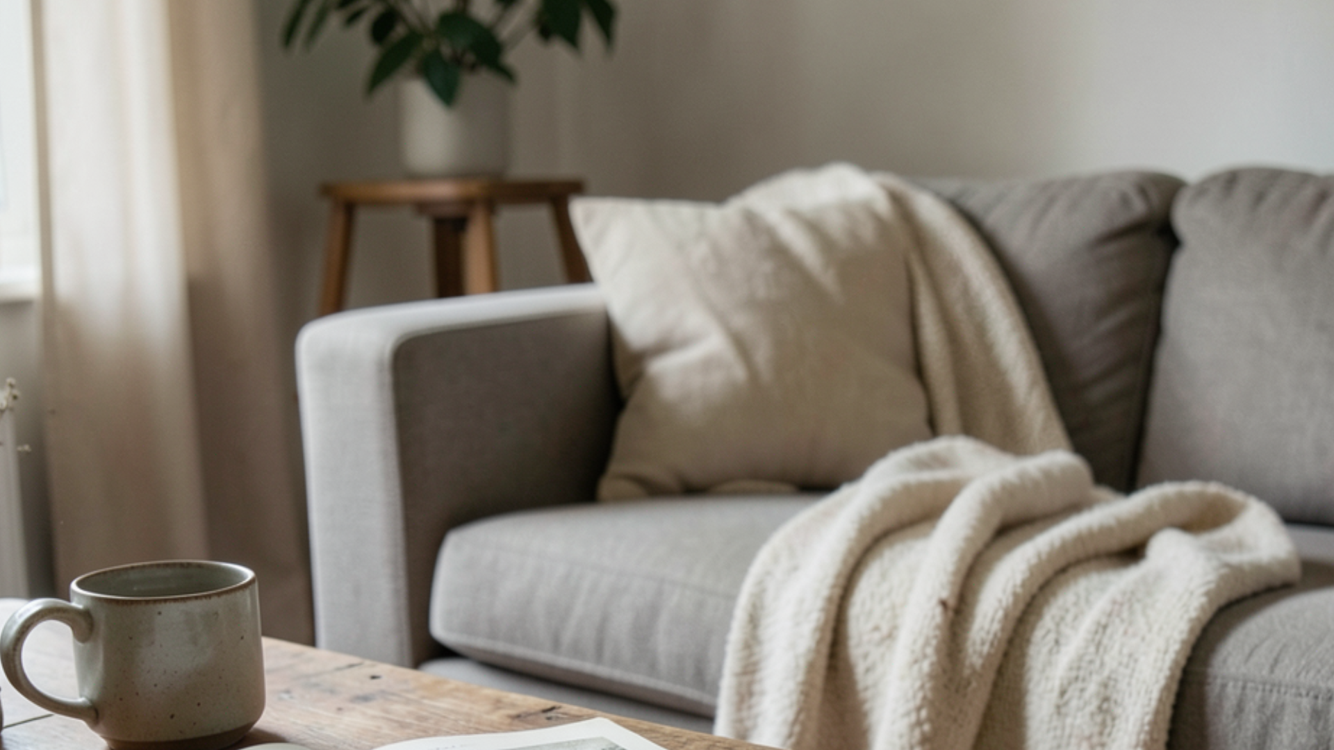 A gray sofa with netural blankets and pillows.