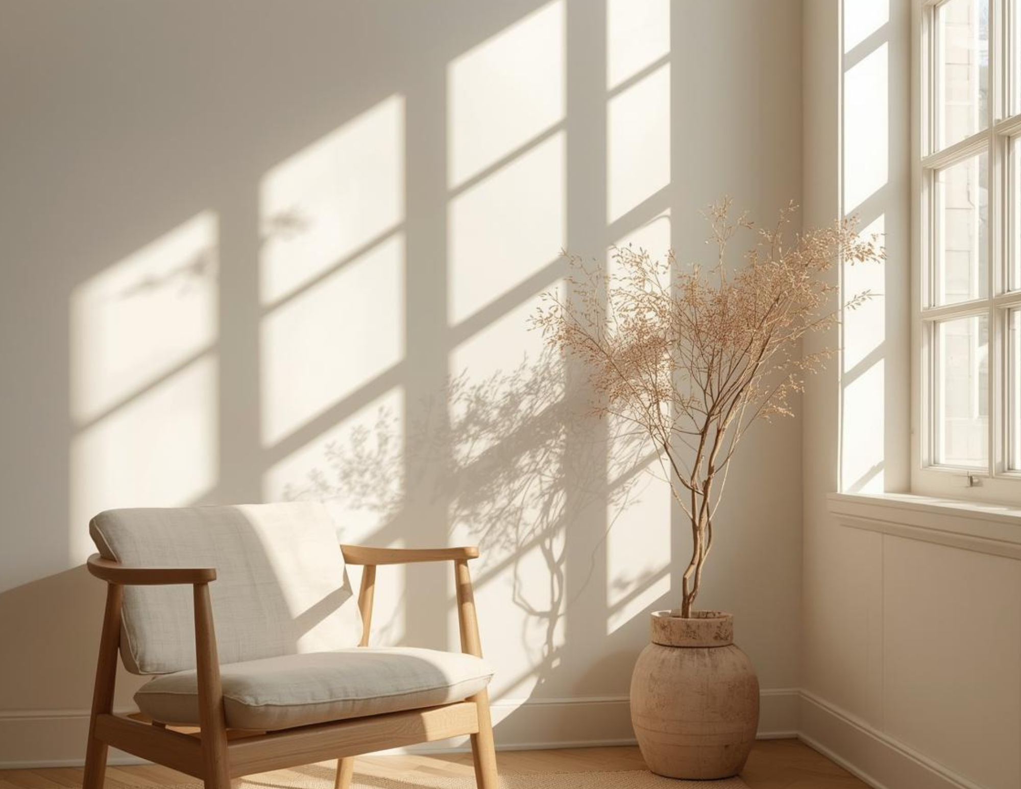 A cozy bright corner with a lounge chair and a potted plant.