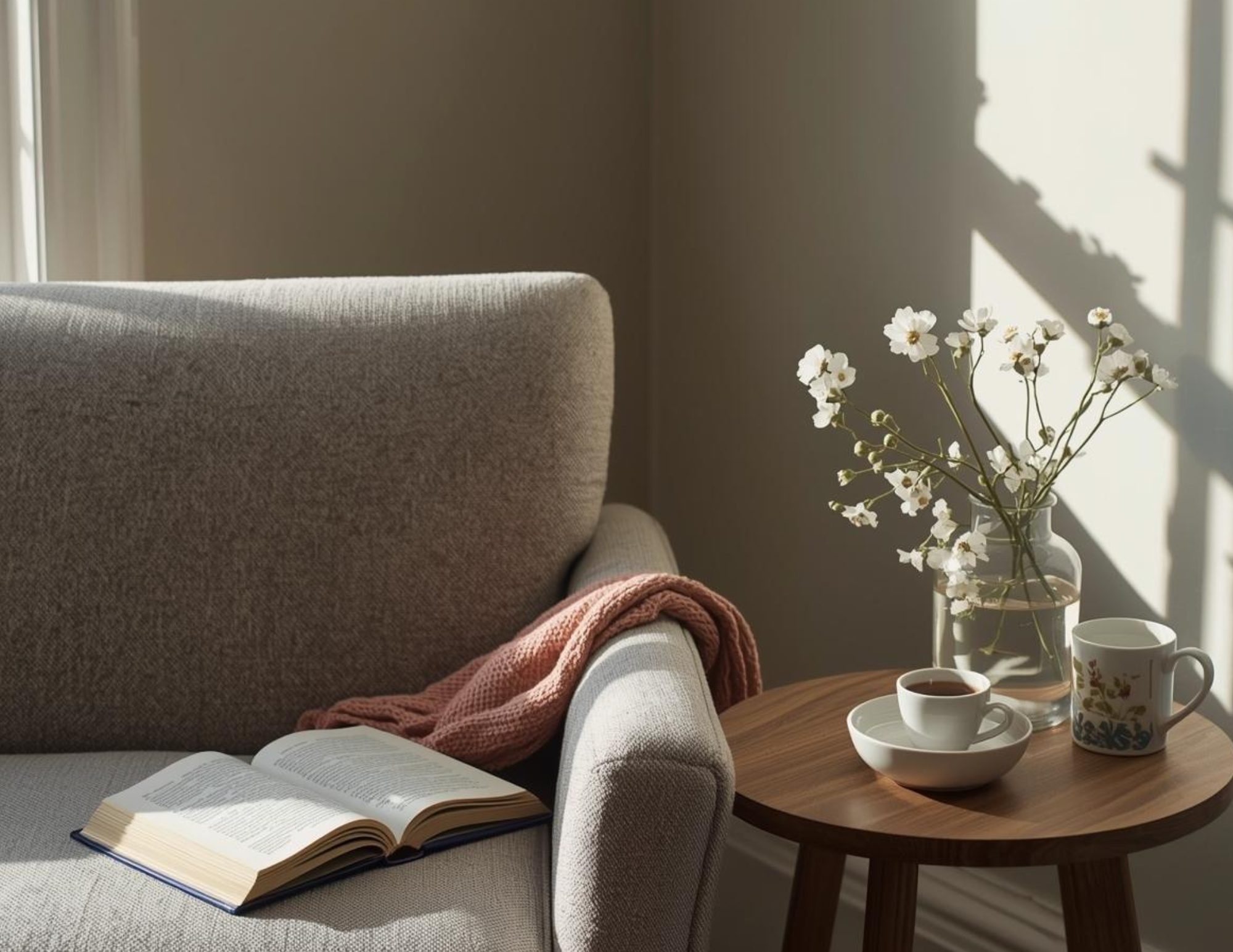 A sitting corner close-up with a neutral sofa and a round side table.