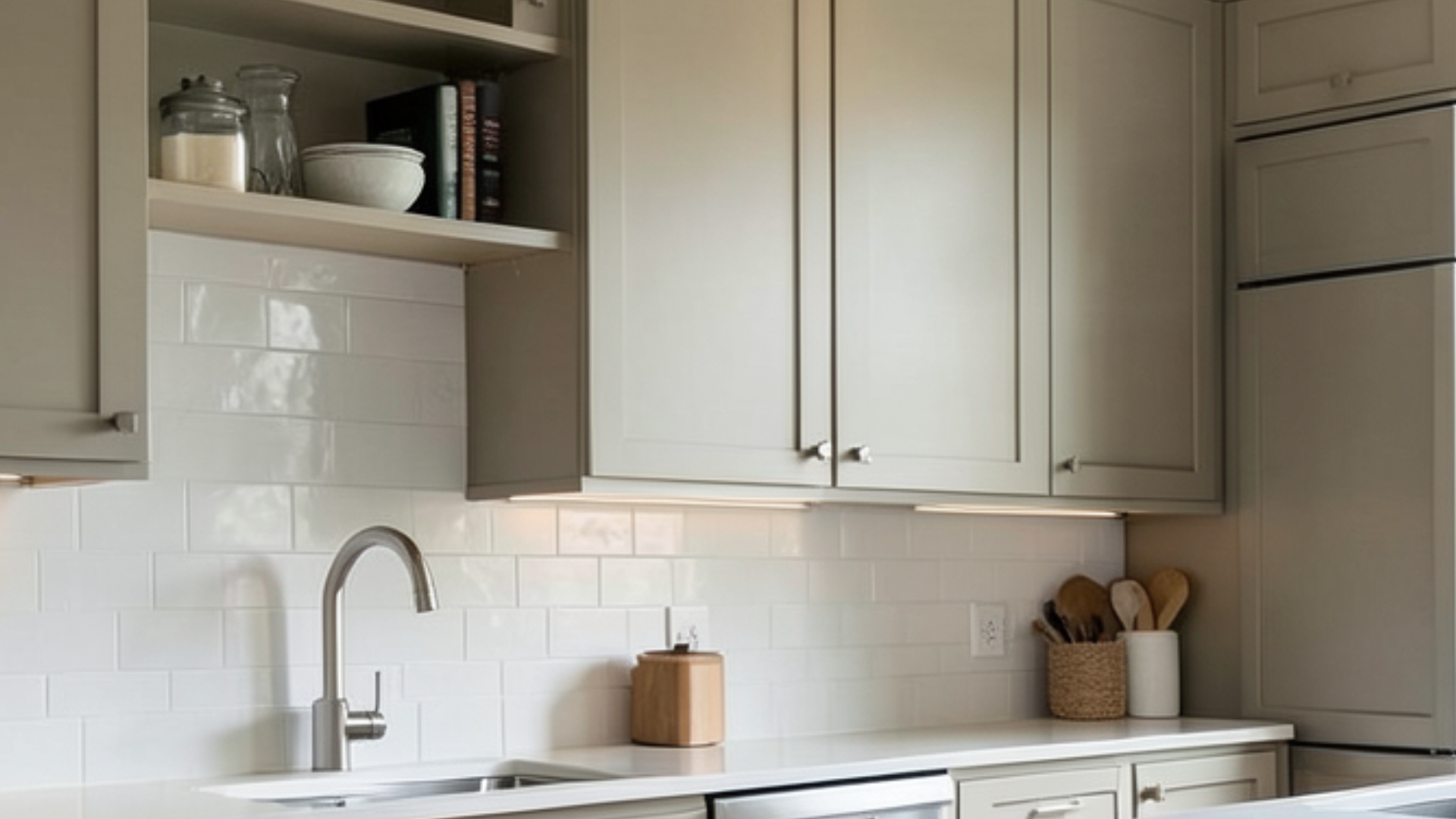 A kitchen close-up with netural cabinets and white subway tile.