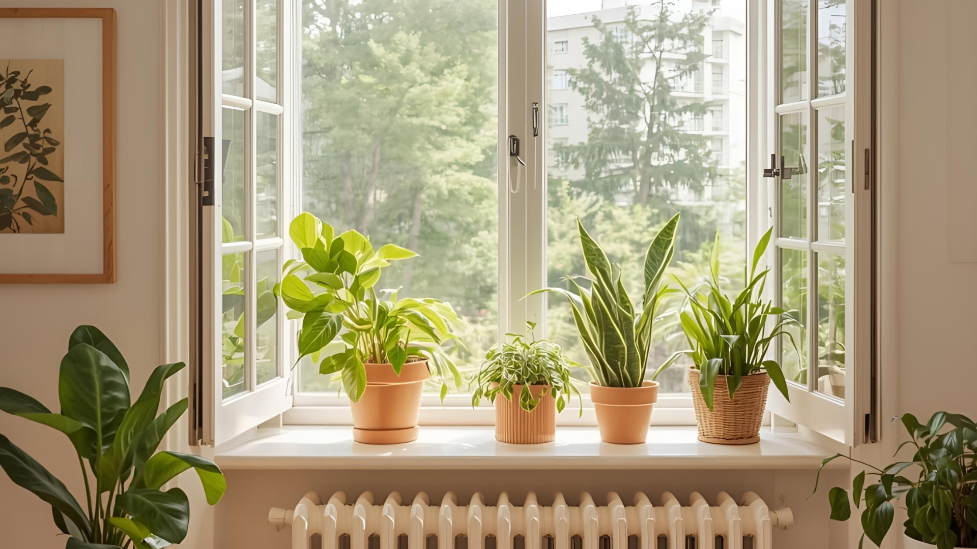 A close-up of a window with potted plants.