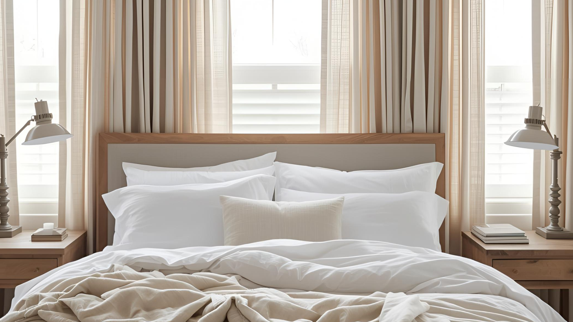 A cozy neutral bedroom with two side tables, beige curtains, and light sheets.