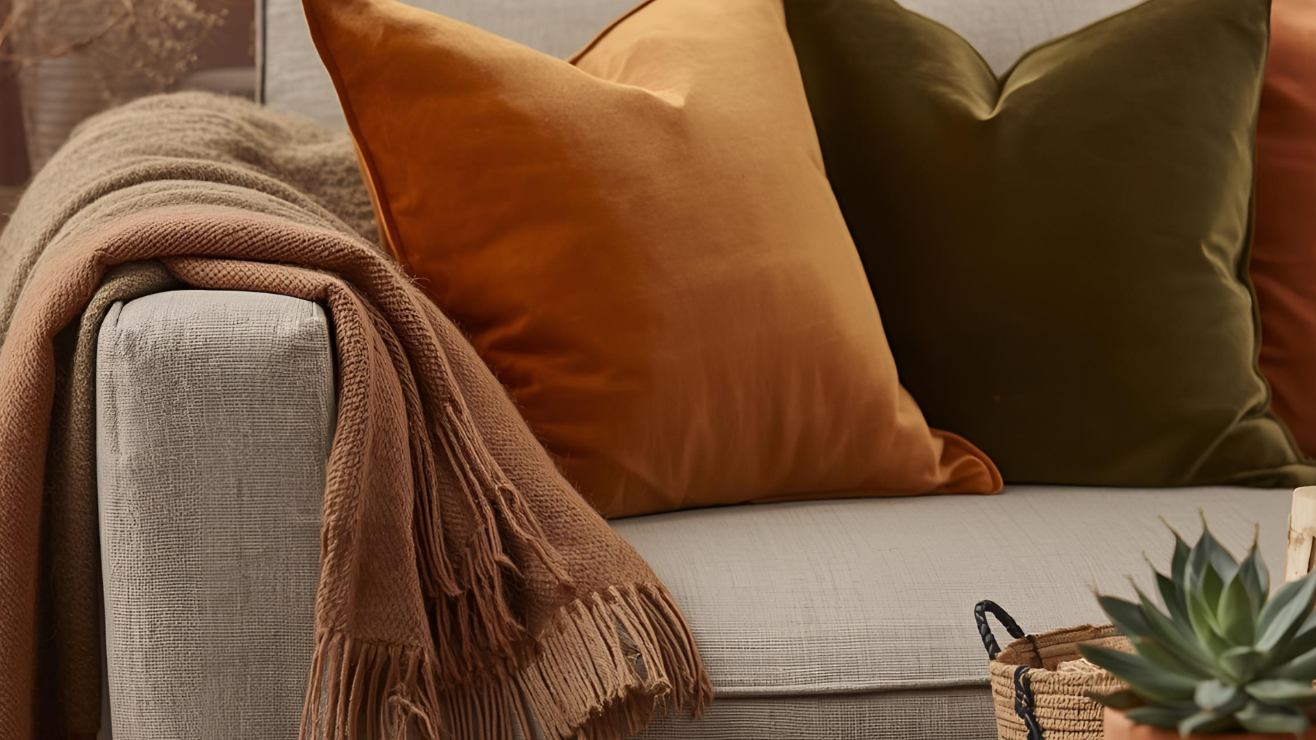 A sofa close up with a throw blanket and throw pillows.