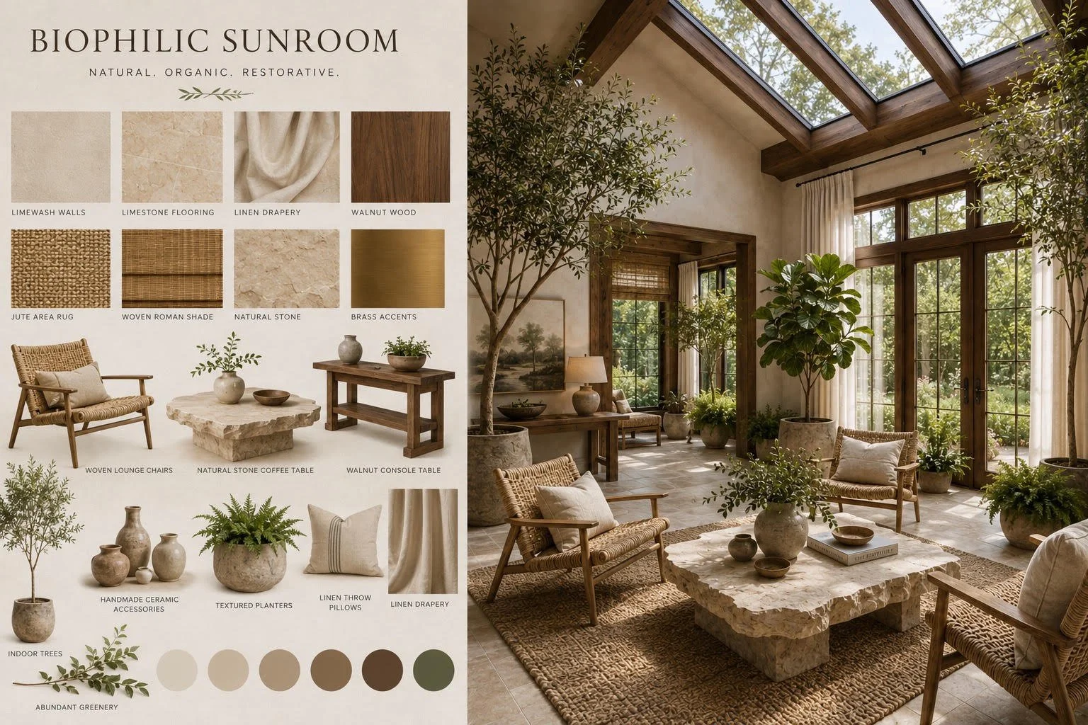 Biophilic sunroom design board beside a bright natural-style sunroom with skylights, indoor trees, woven lounge chairs, stone coffee table, and walnut accents