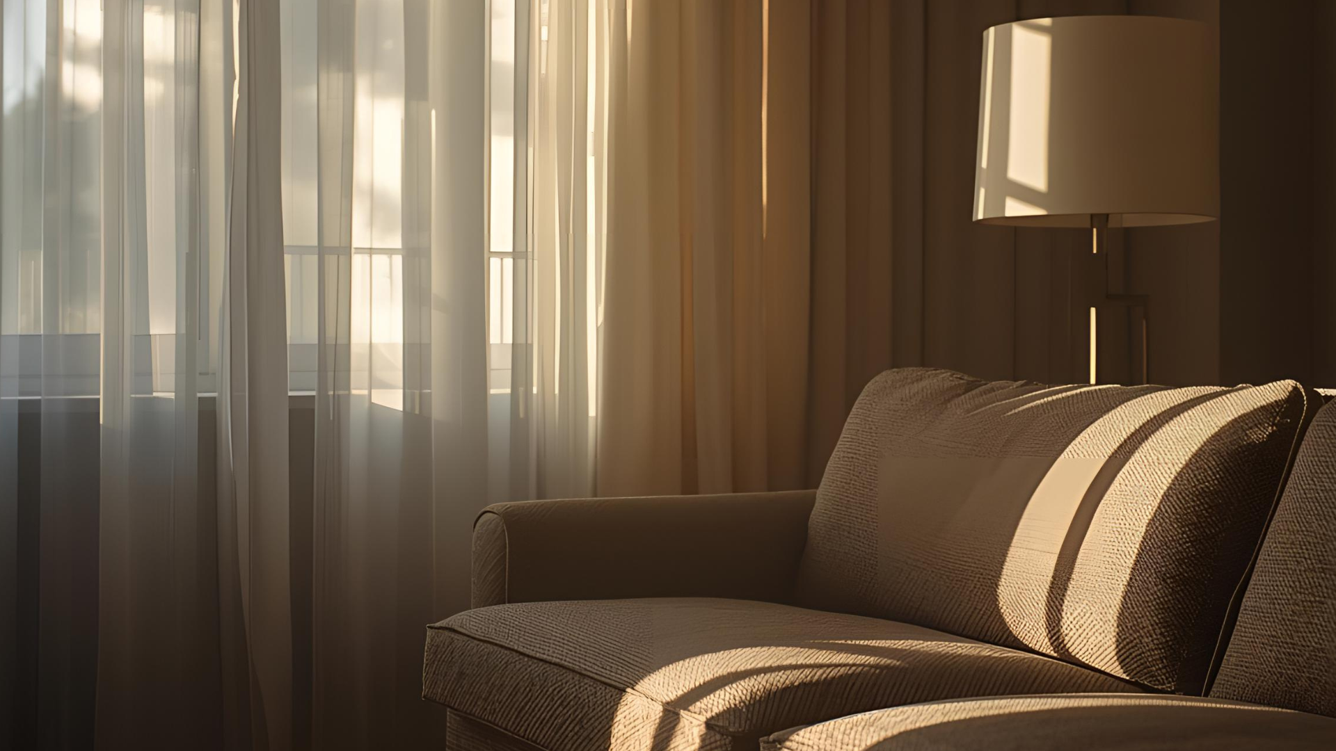 A close-up of a sofa with light curtains and sun coming through in the afternoon.