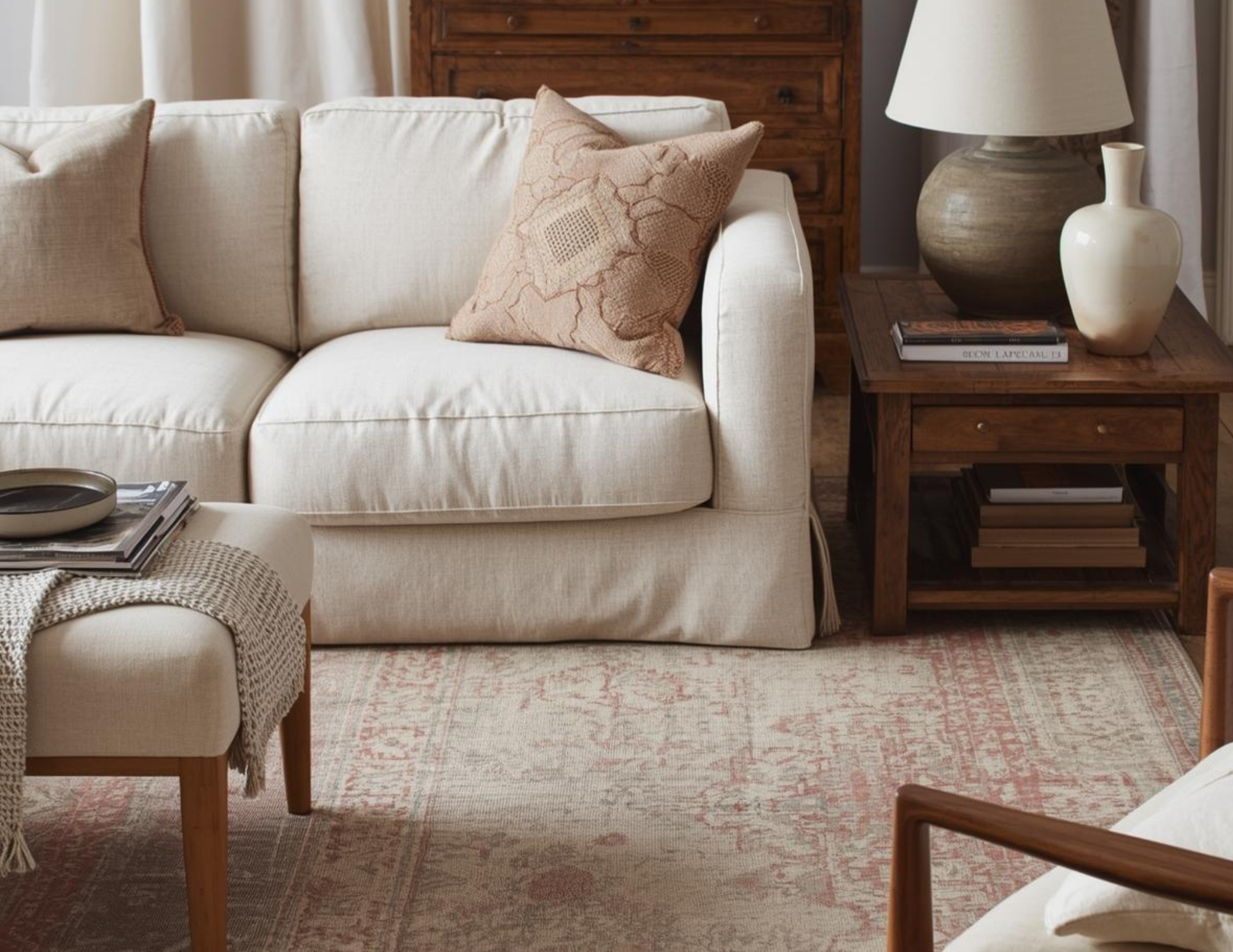 A beige sofa with two large throw pillows and a patterned rug.