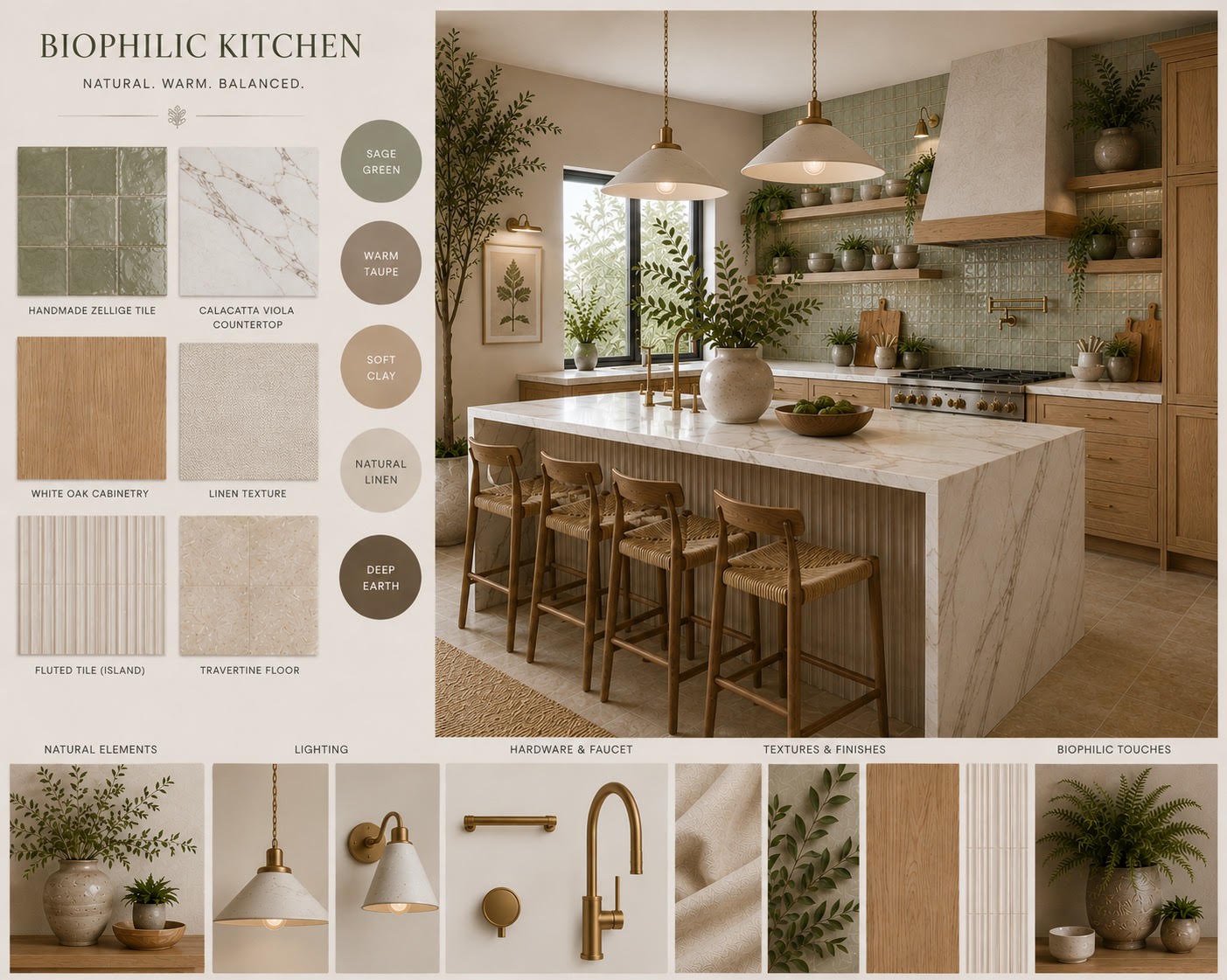 Biophilic kitchen design mood board featuring sage green zellige tile, Calacatta Viola countertops, white oak cabinetry, brass fixtures, natural textures, warm pendant lighting, and abundant plants