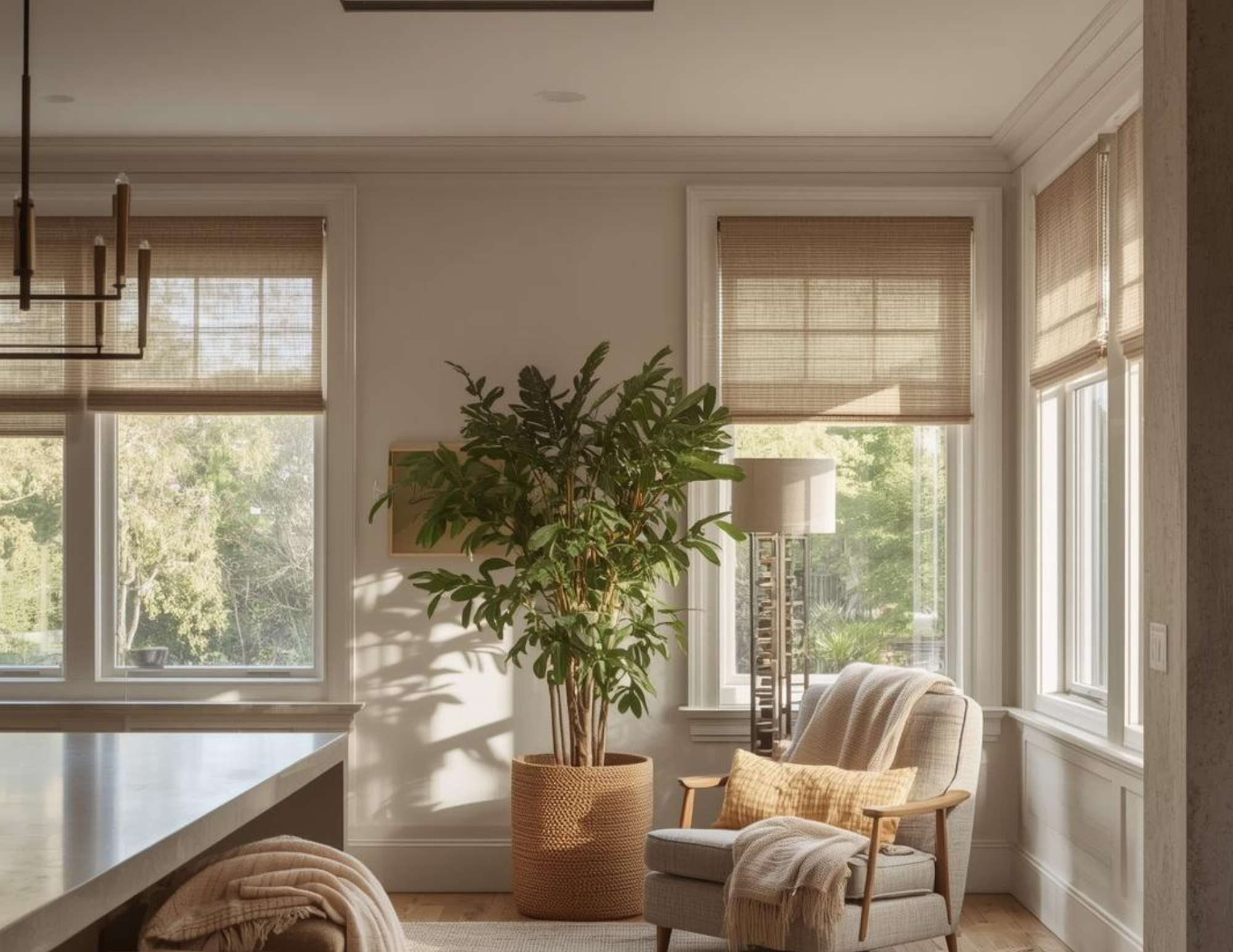 A cozy corner of a kitchen with netural seating with various textures and a large potted plant.