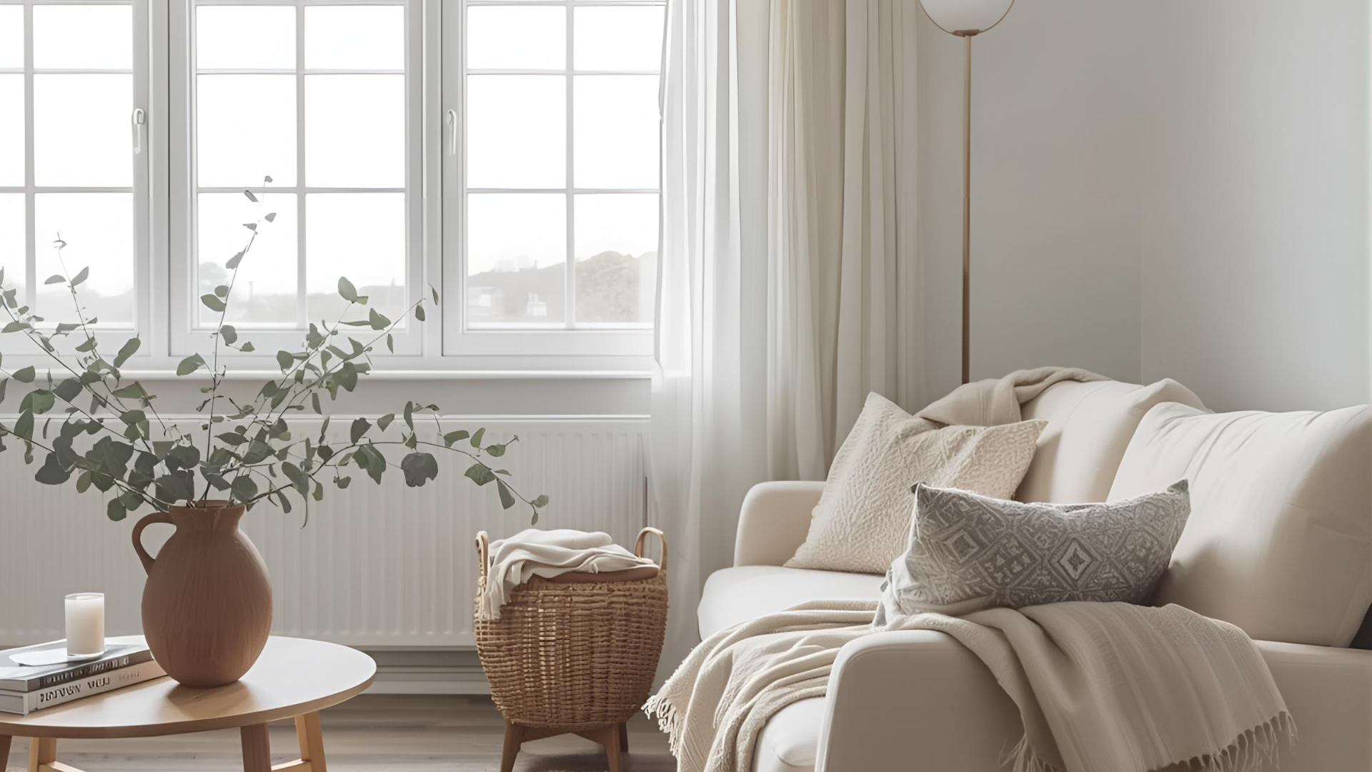 A neutral cozy living room with neutral linens and natural lights.