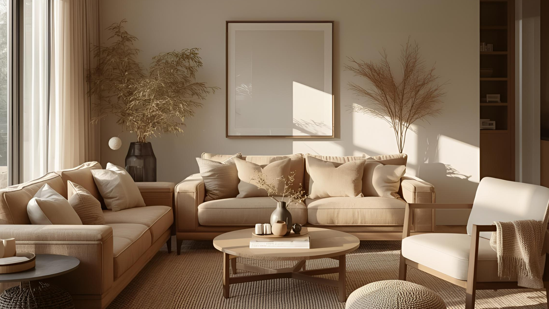 A serene, sun-drenched living room styled in warm beige tones, featuring comfortable upholstered sofas, a round wooden coffee table, an armchair, and delicate dried plants casting beautiful shadows against a neutral wall.