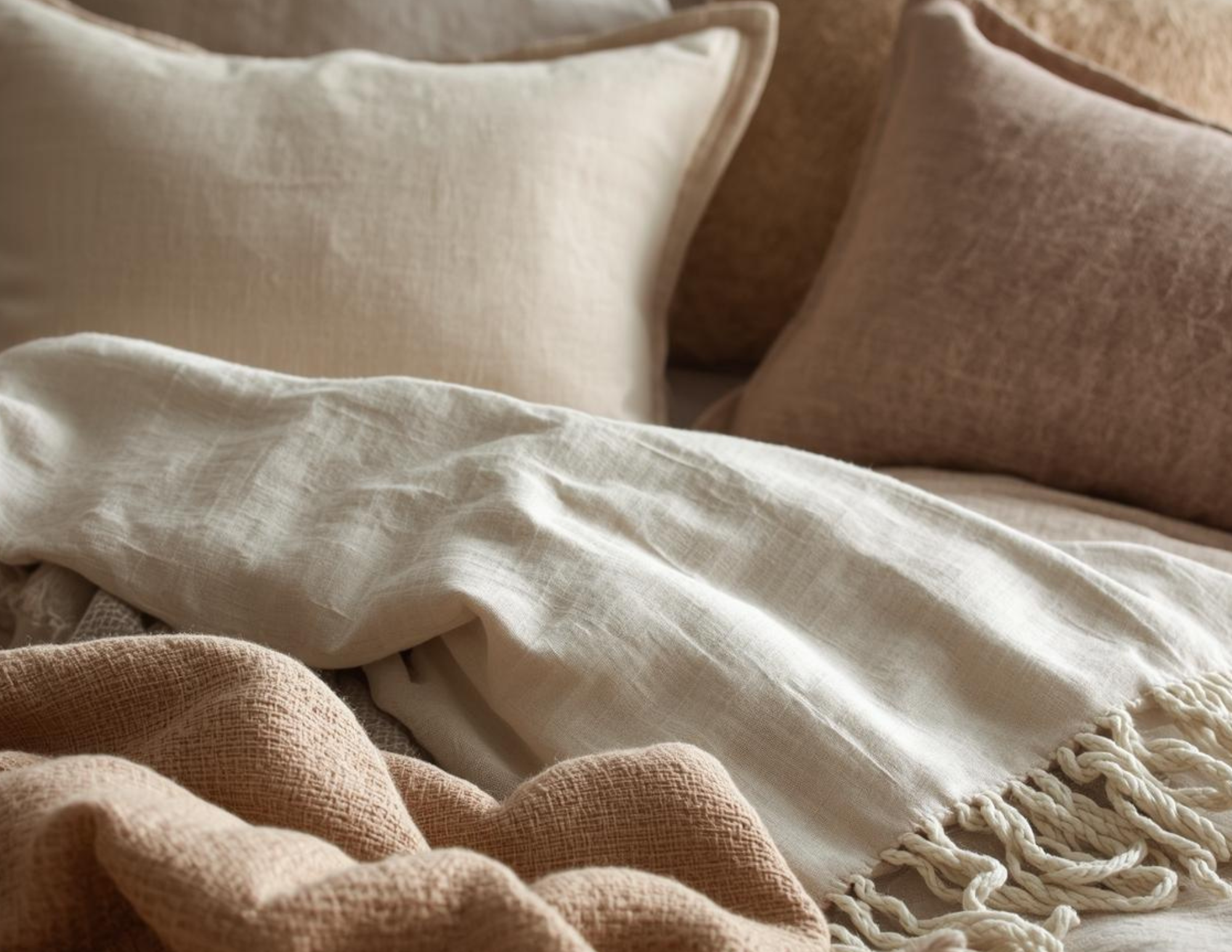 Textured netural sheets and pillows on a bed.