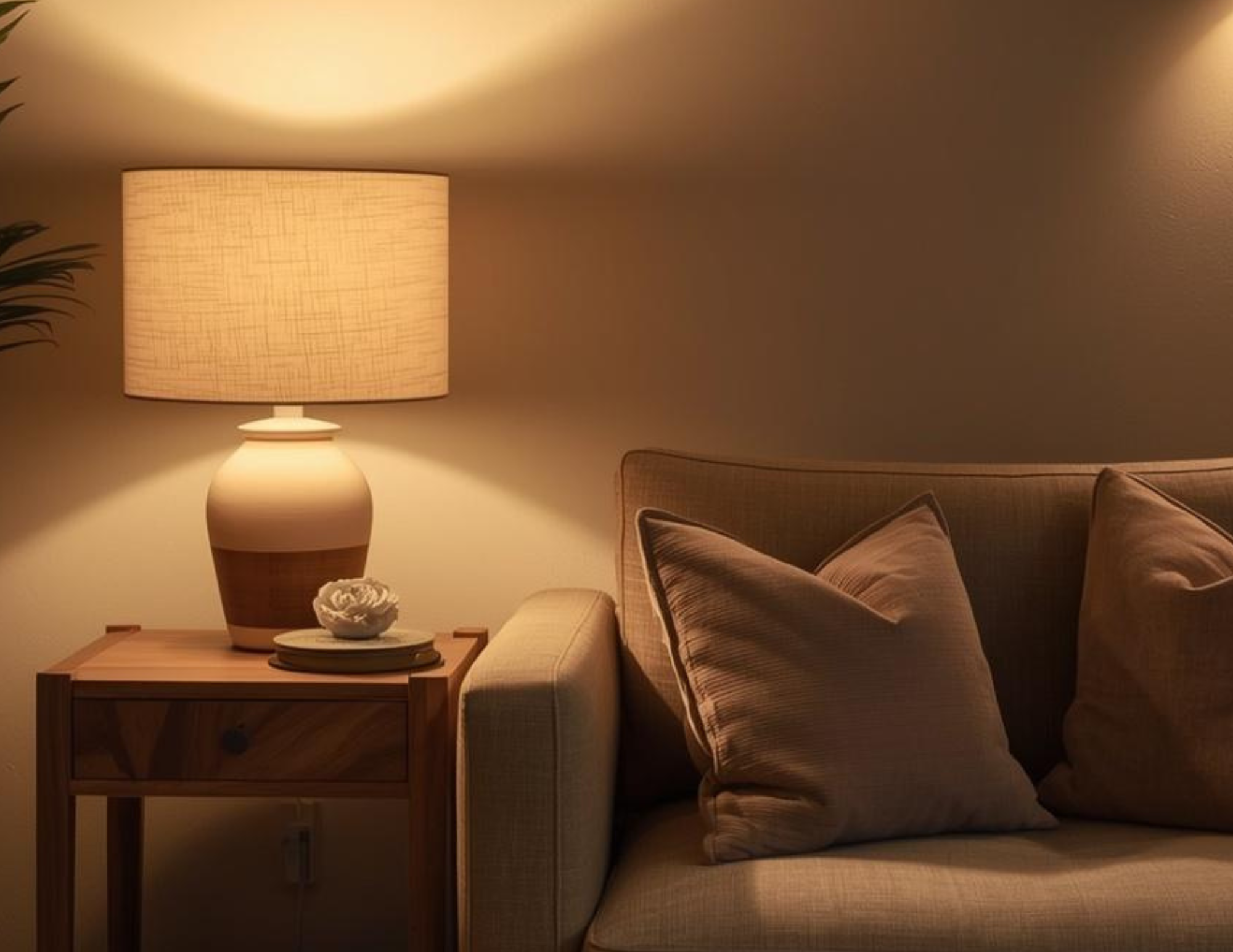 A close-up of a sofa a night with a warm lamp on next to it.