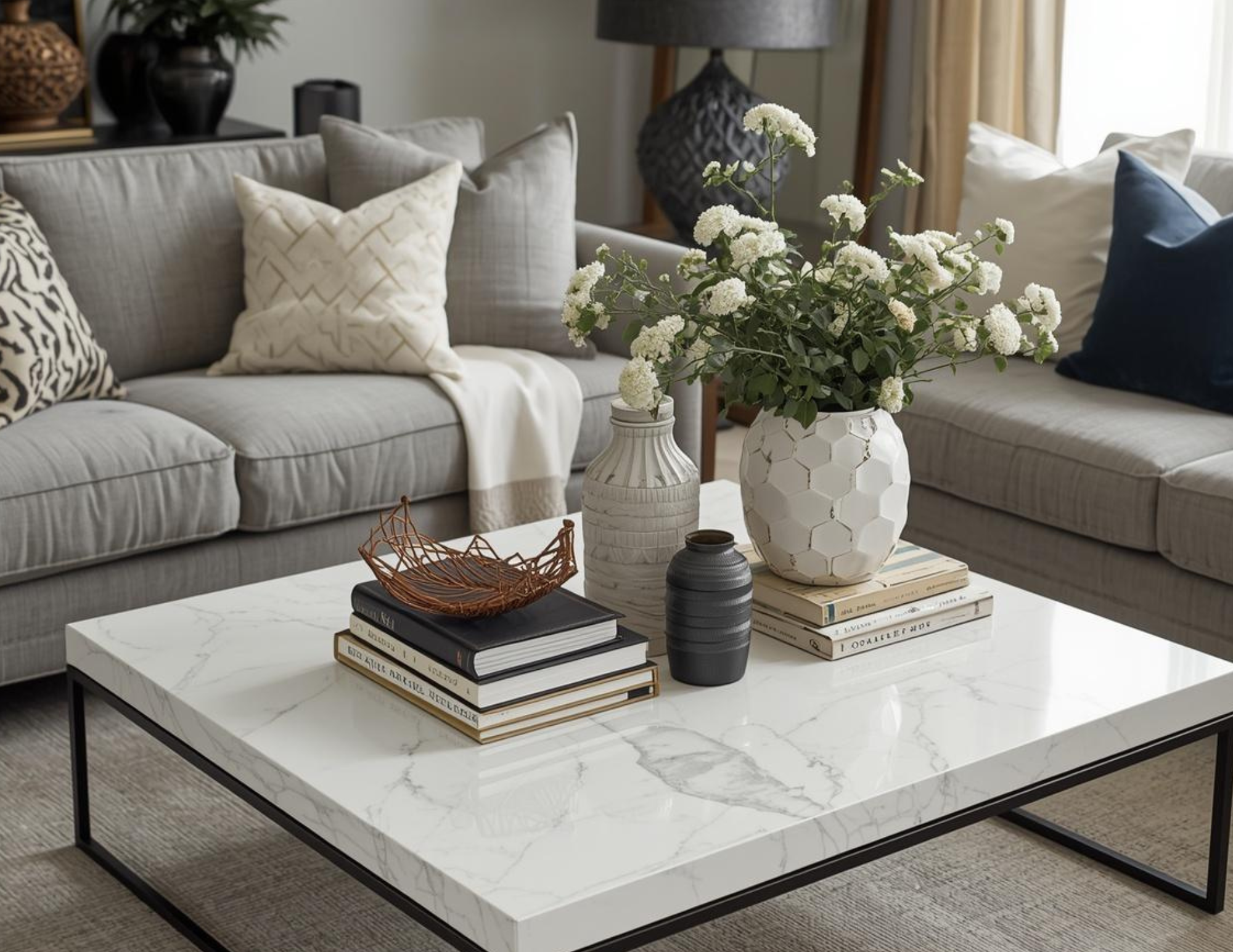 A coffee table close-up with books and various sized vases.
