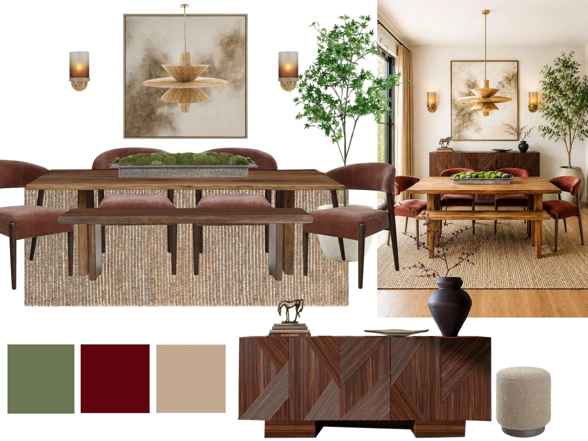 Living room with dining area, wooden tables, maroon chairs, large abstract wall art, pendant light, wall sconces, green plants, decorative vases, and beige curtains.