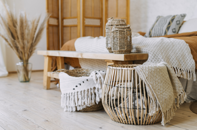 A beautifully detailed shot of a sustainable bedroom design featuring woven bamboo baskets, fringed blankets, a wooden bench, and warm earth tones that emphasize natural textures.