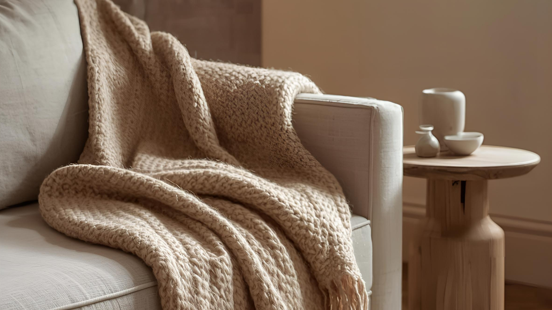 A soft throw blanket on a beige sofa with a wood accent table.