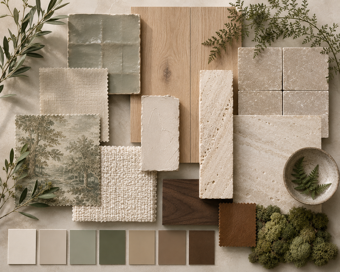 Neutral-toned interior design material mood board with fabric swatches, ceramic and stone tiles, wood samples, paint chips, greenery, moss, and a fern-filled bowl