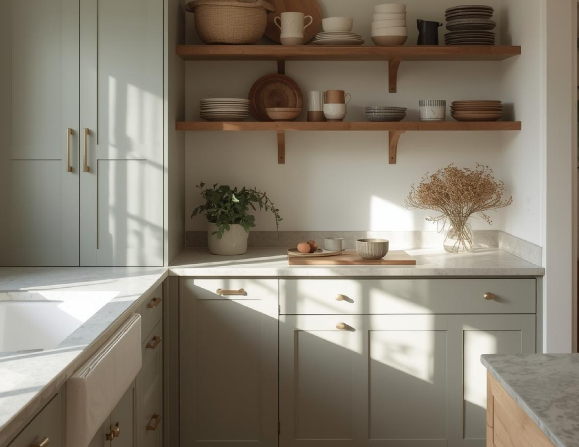 A close-up of a kitchen with wooden open shelves, netural plates, light colored countertops, and brass hardware.